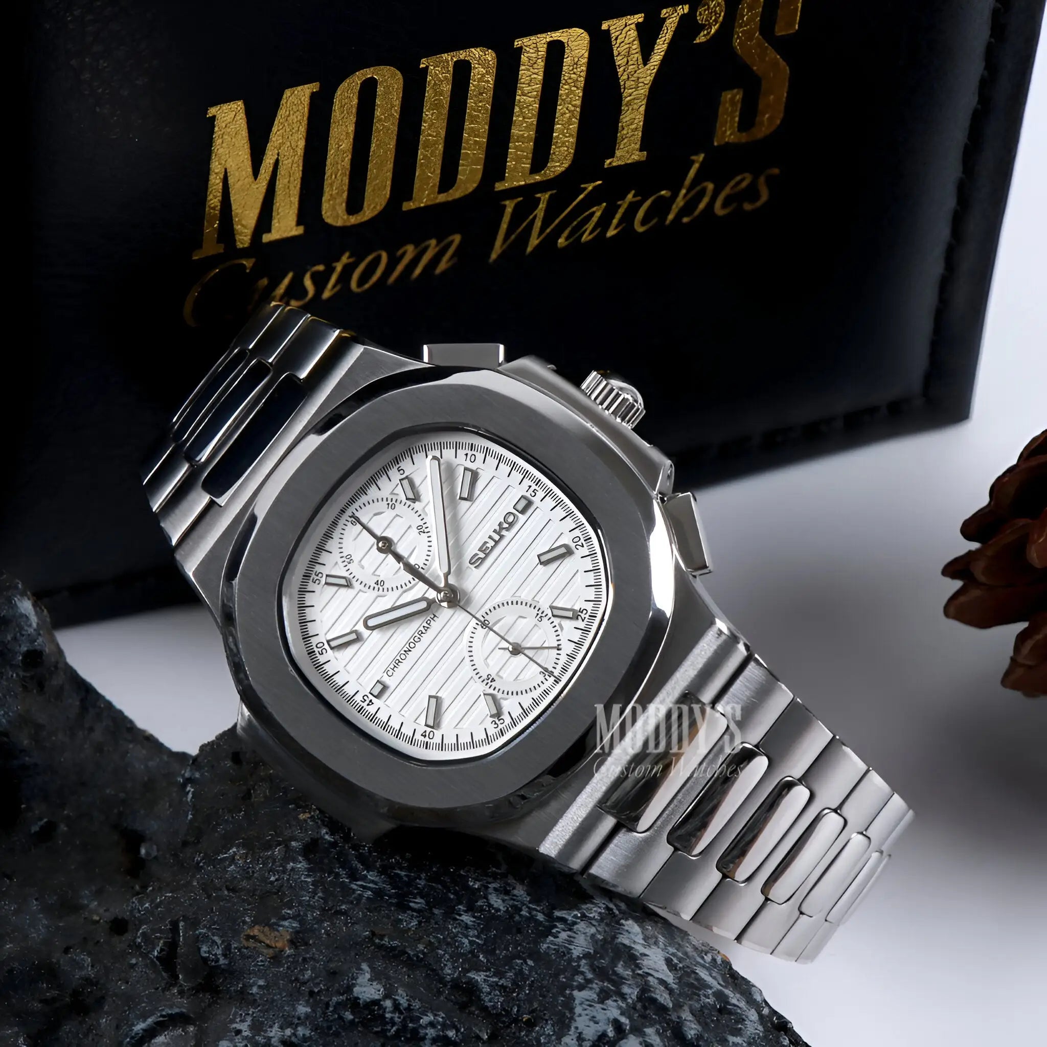 Nautiko Chrono White Seiko mod Nautilus with 904L steel band