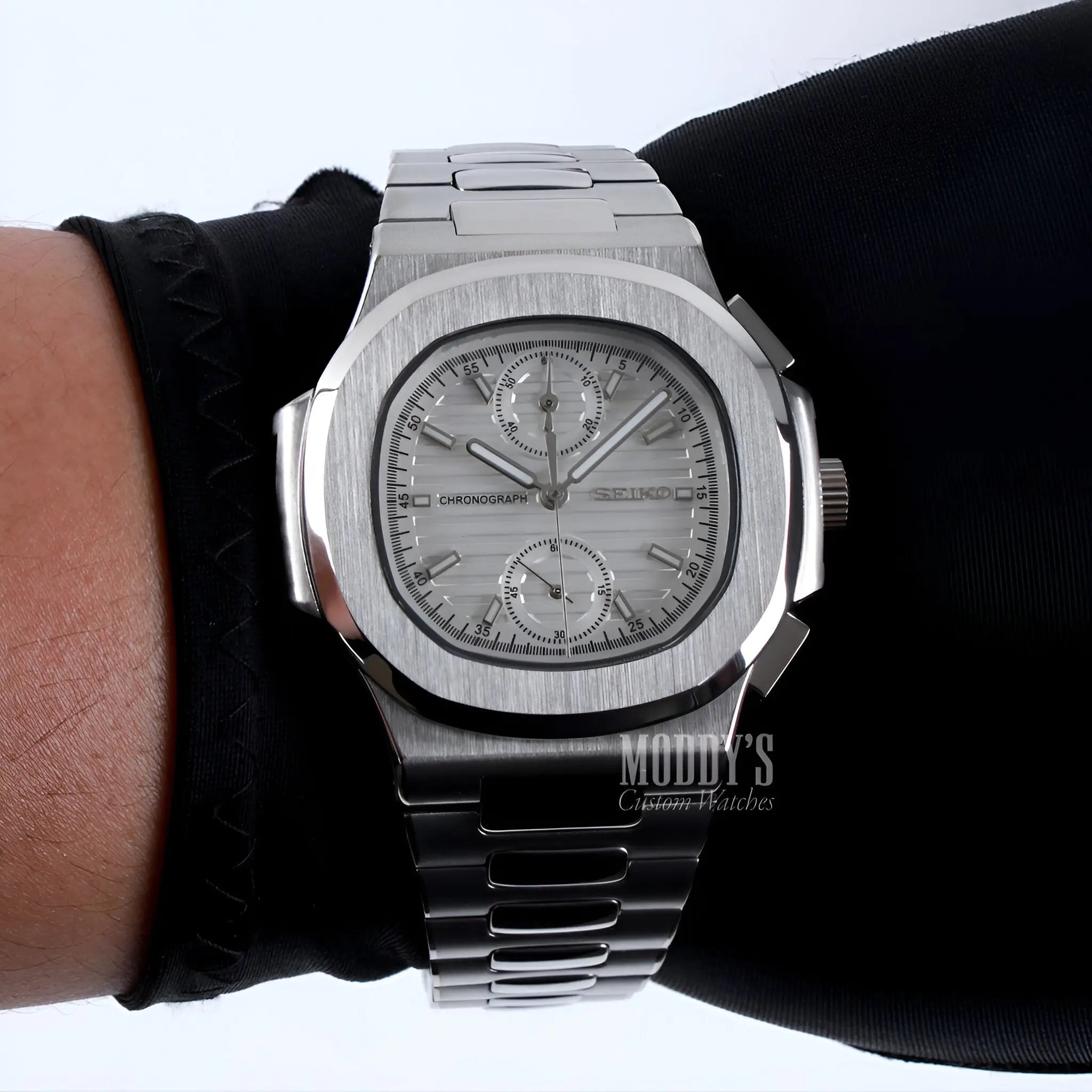 Nautiko Chrono White Seiko mod Nautilus watch with 904L steel band