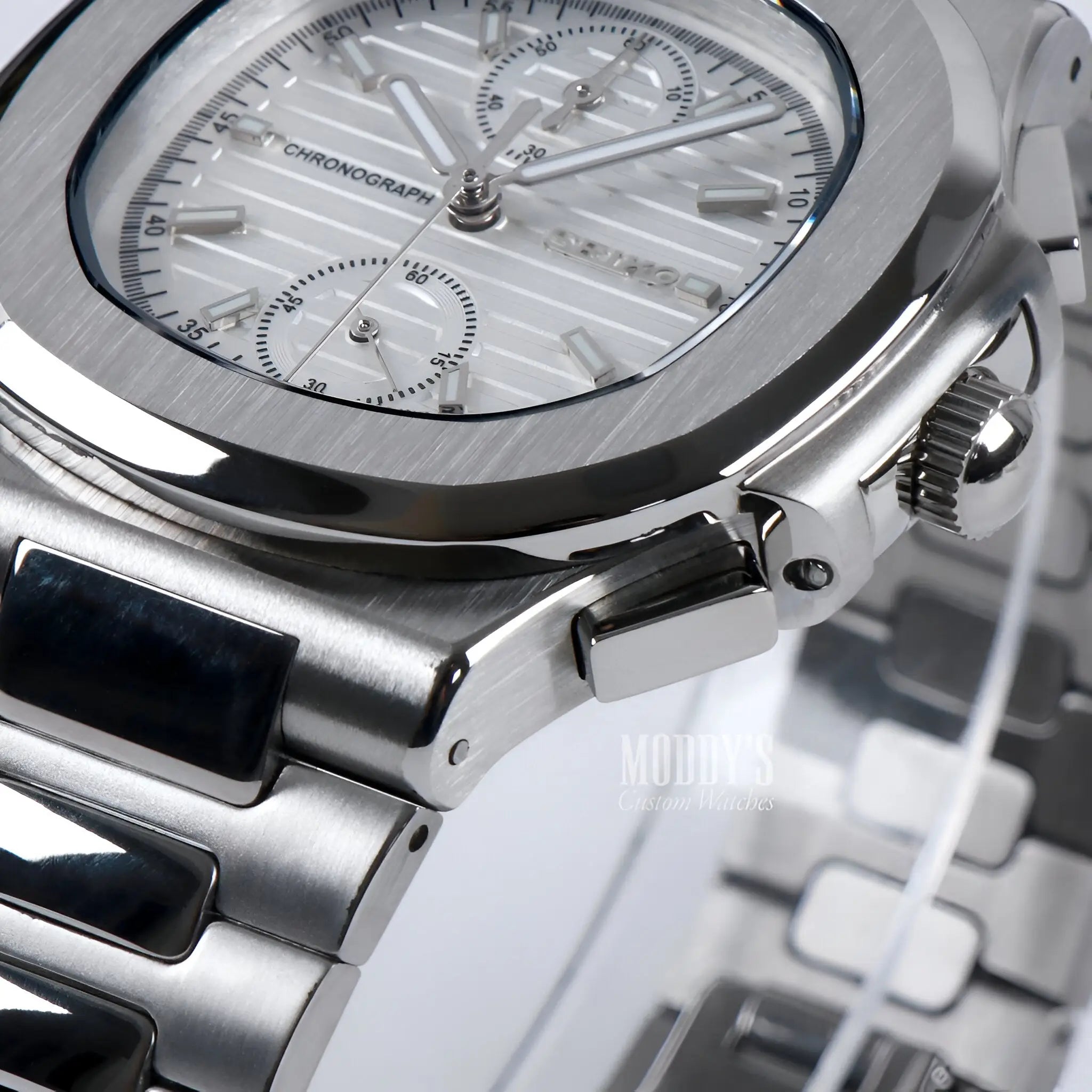 Nautiko Chrono White silver chronograph watch with 904L stainless steel band