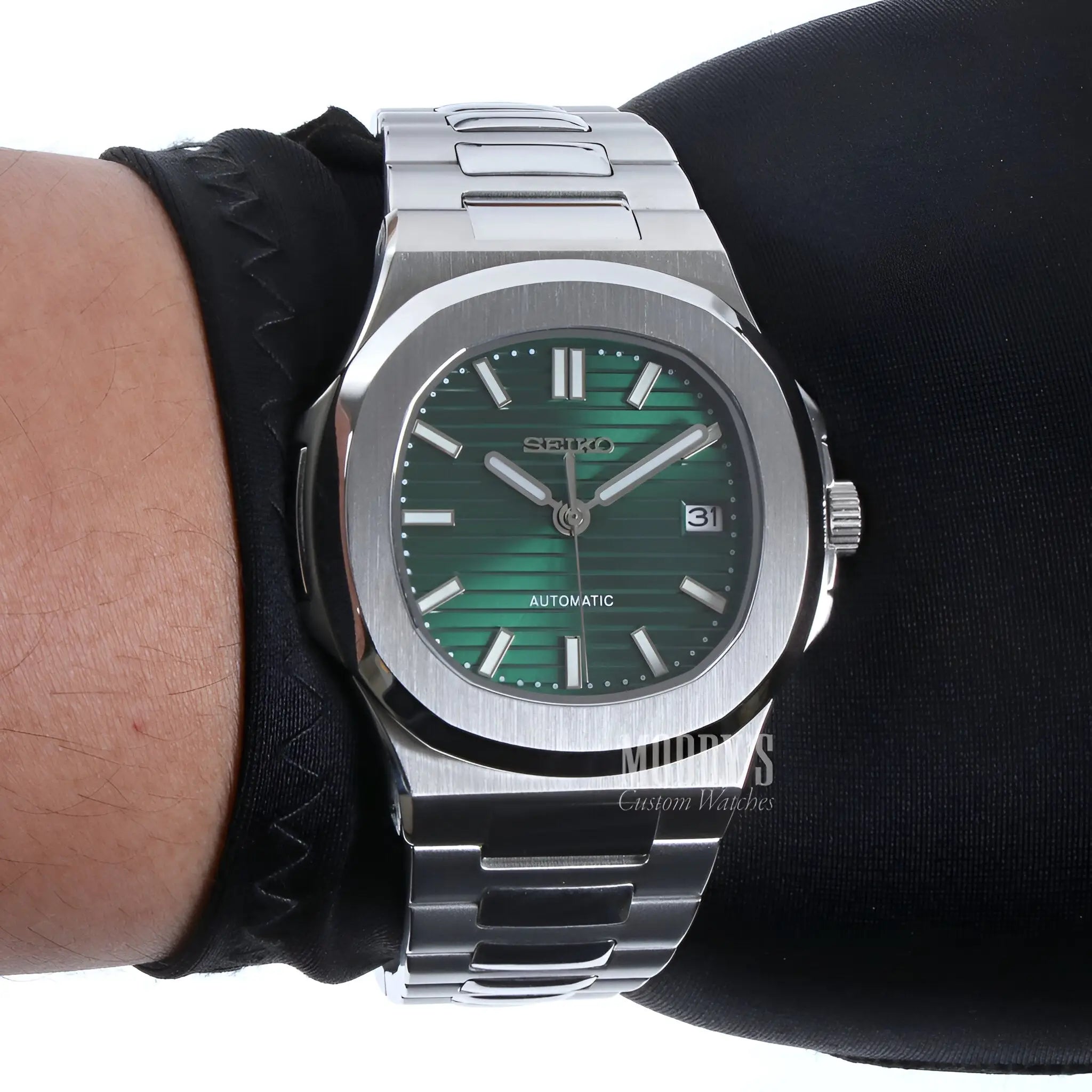 Seiko mod Nautilus green dial watch with NH35 automatic movement