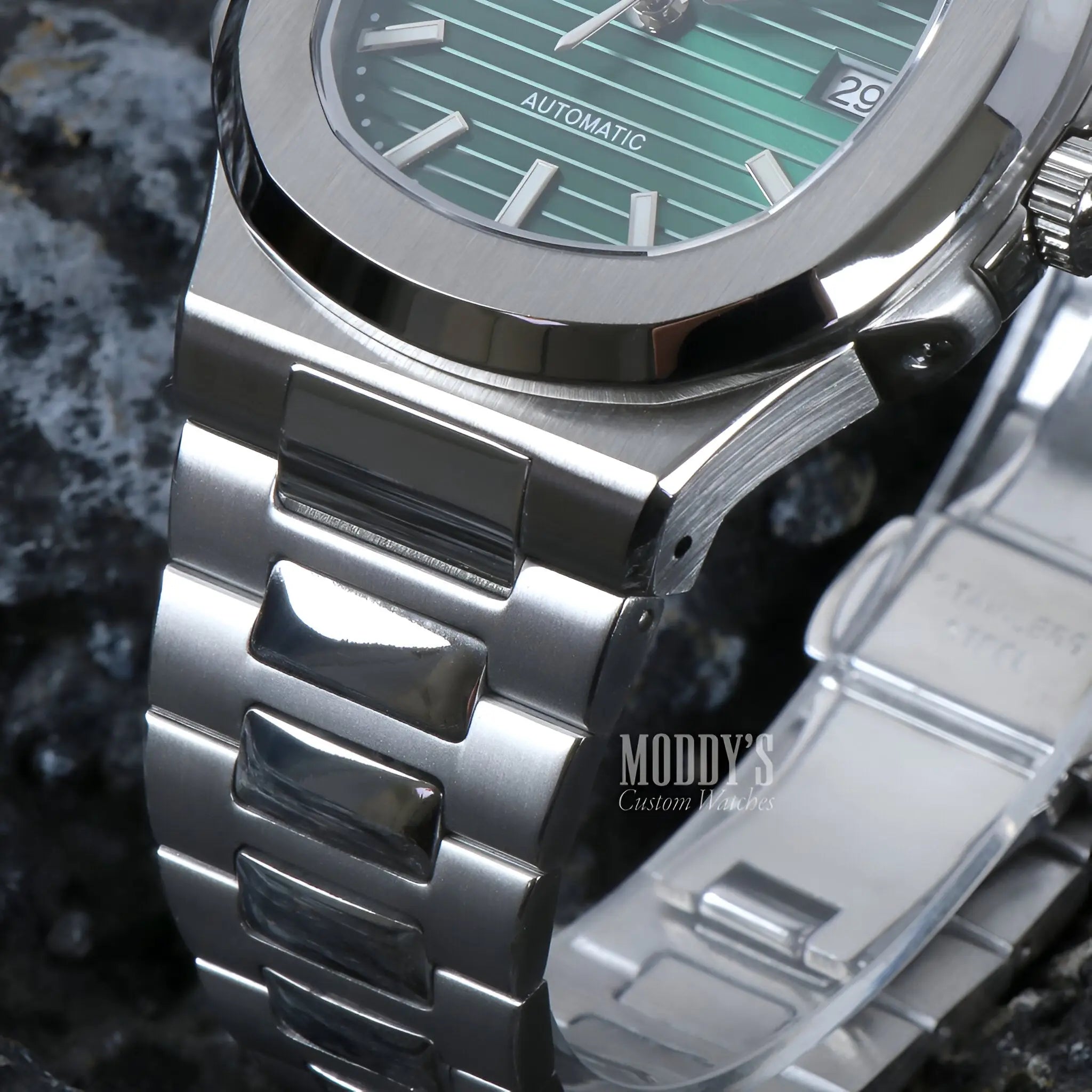 Nautiko Metallic Green Seiko mod Nautilus watch with NH35 movement