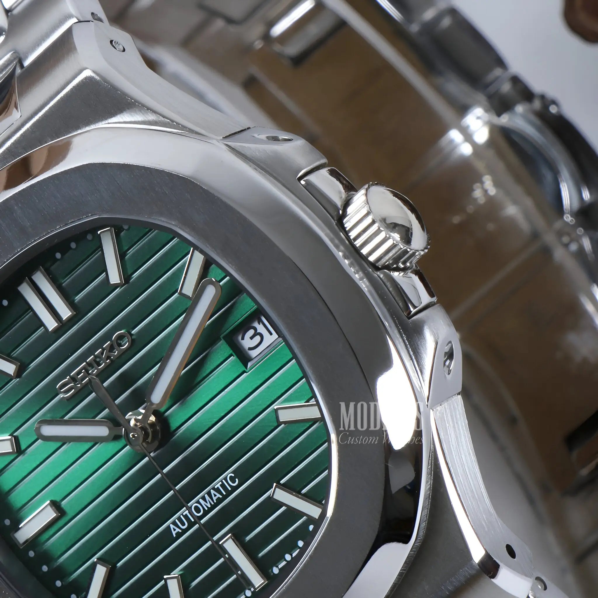 Green Seiko mod Nautilus watch with NH35 automatic movement