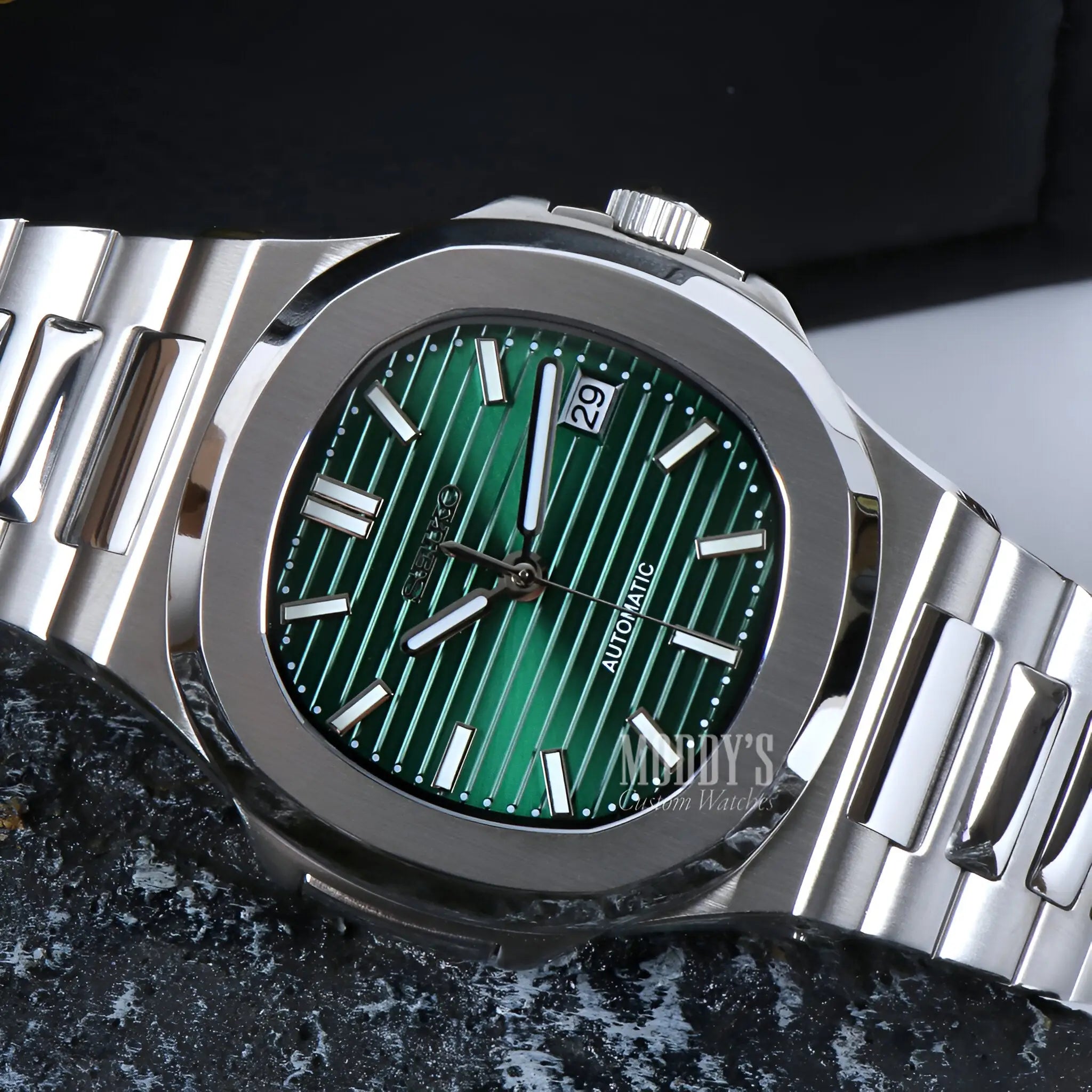 Seiko mod Nautilus green striped watch with NH35 automatic movement