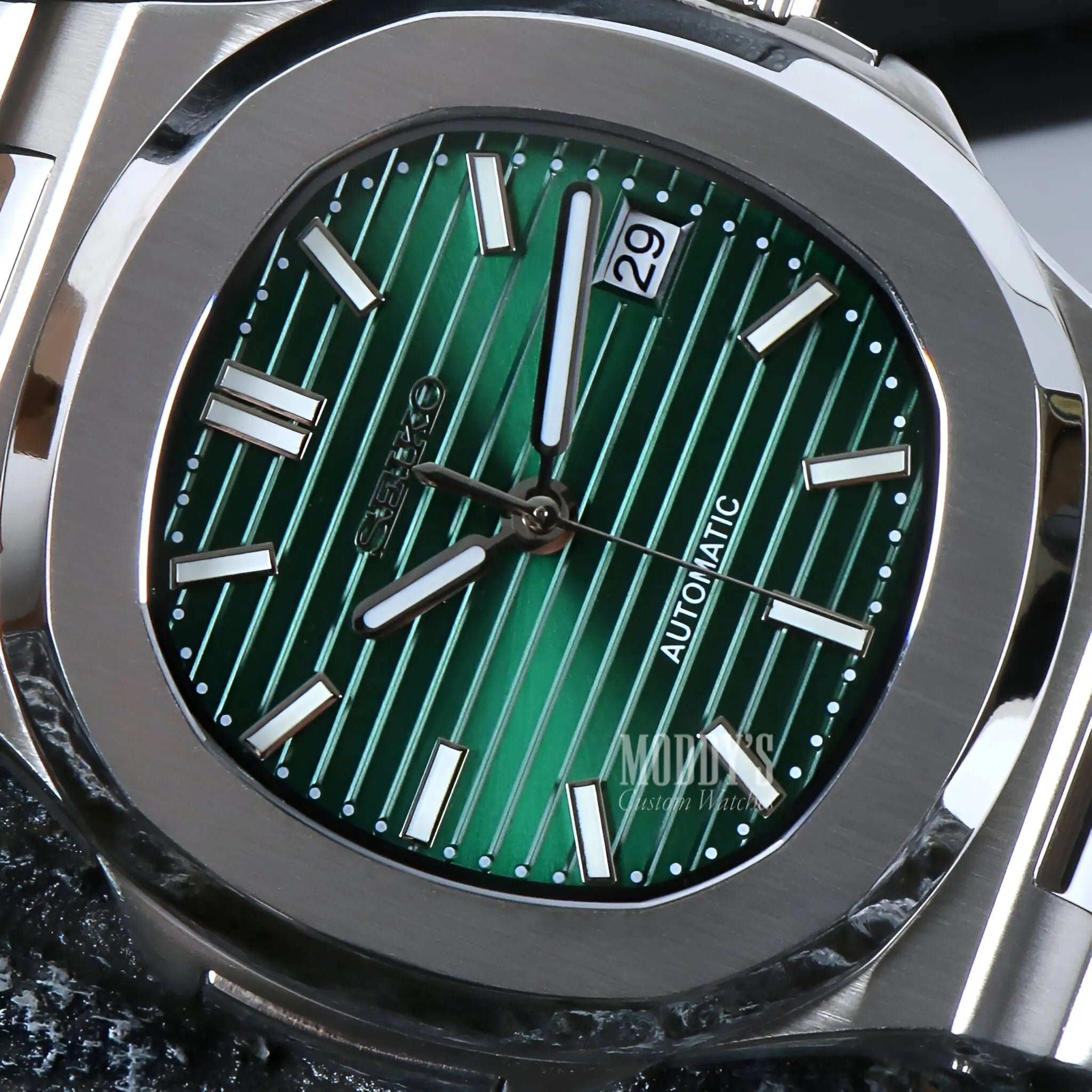 Seiko mod Nautilus green striped watch with NH35 automatic movement