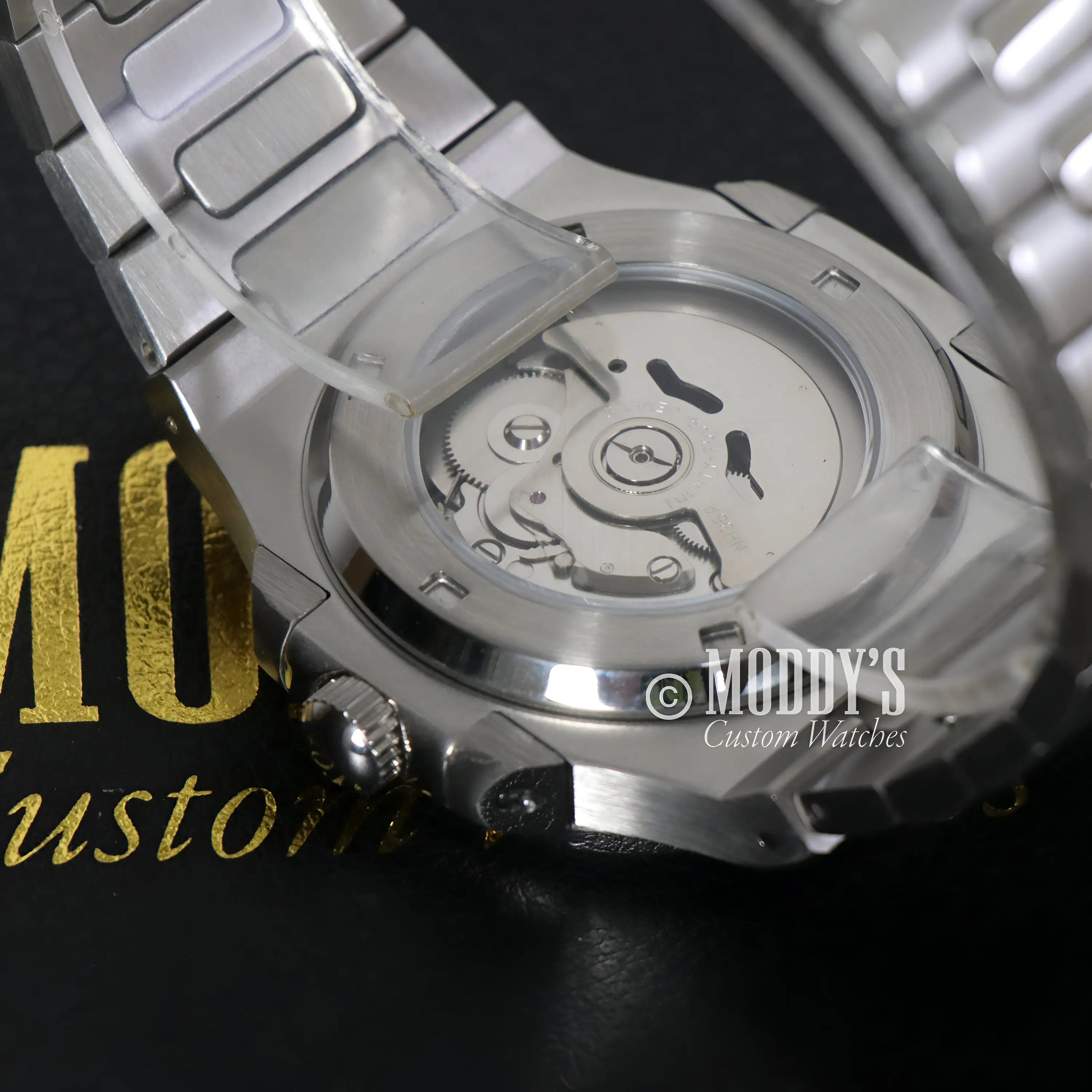 Seiko mod Nautilus stainless watch with silver dial, black accents, NH35 automatic movement