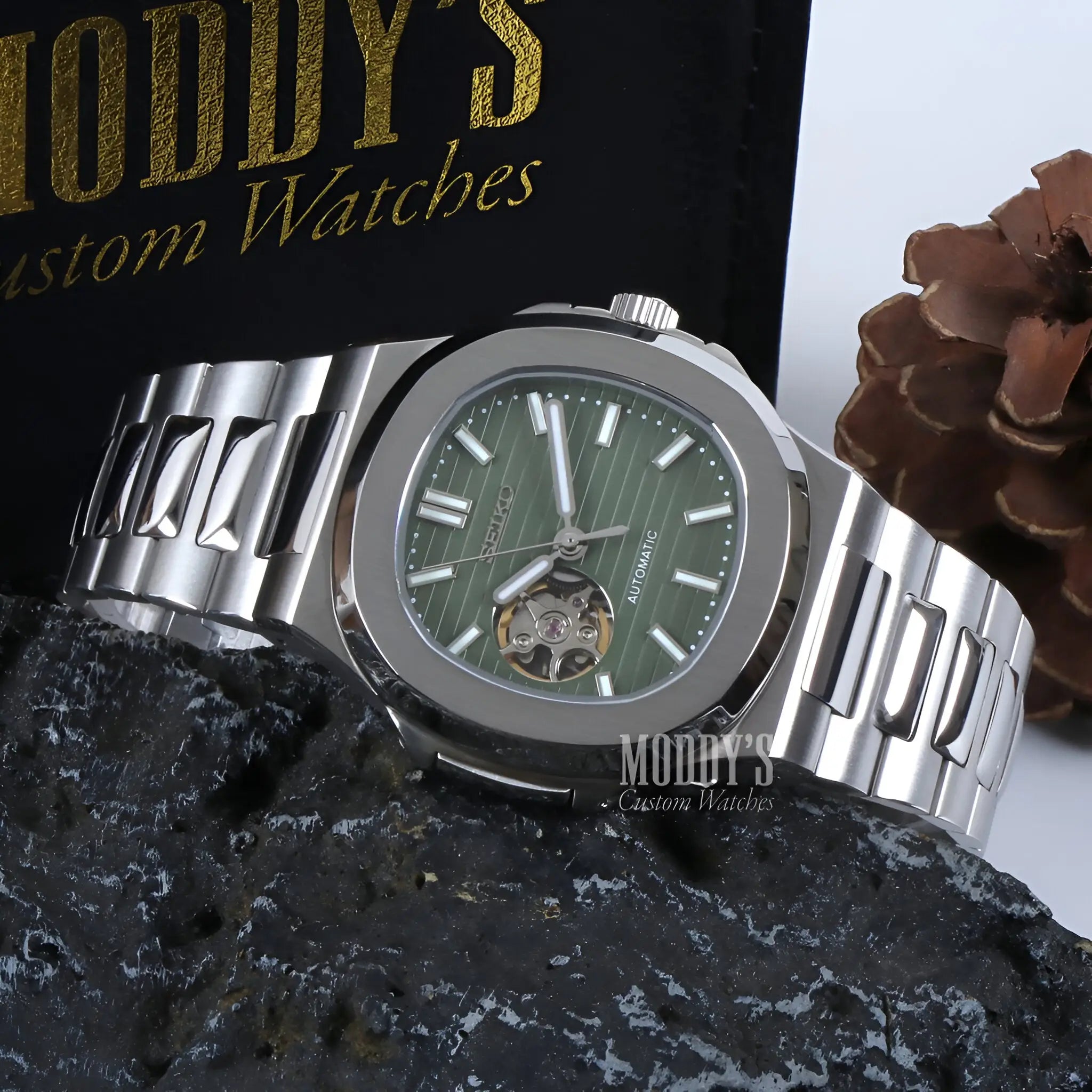 Seiko mod Nautilus with olive green open Seiko NH38 automatic movement