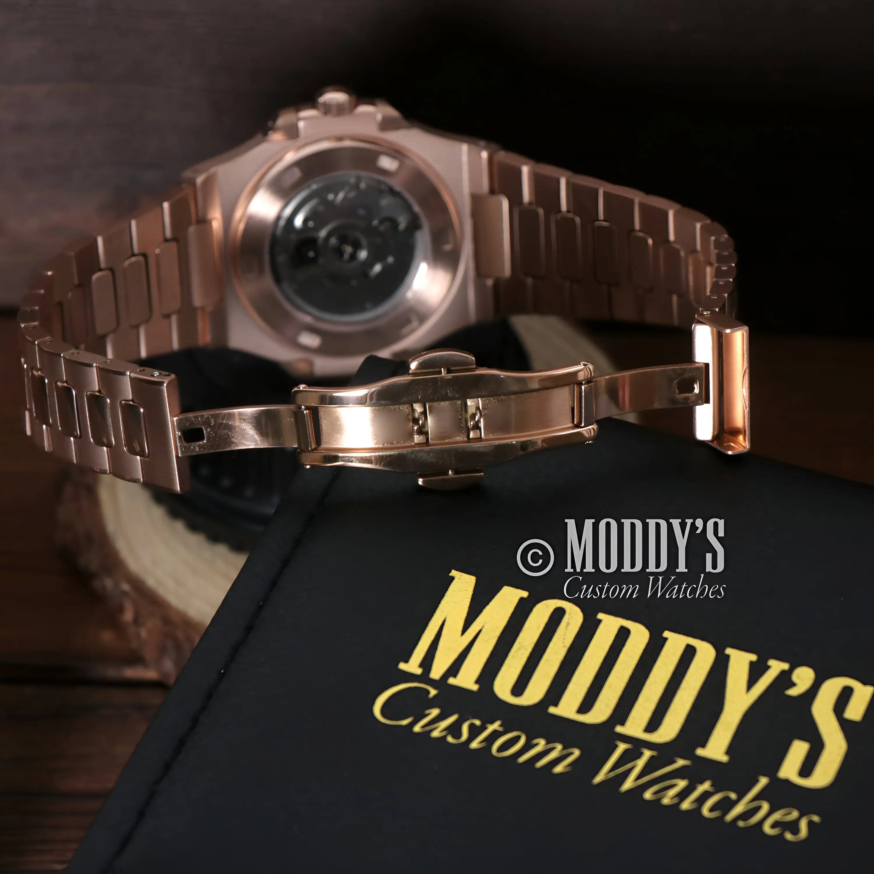 Seiko mod Nautilus rose gold watch with NH35 movement and black dial