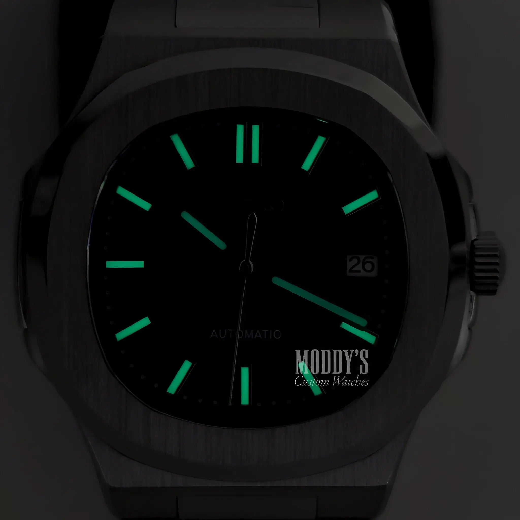 Luminous green Seiko mod Nautilus watch in Royal Blue with 316L steel band