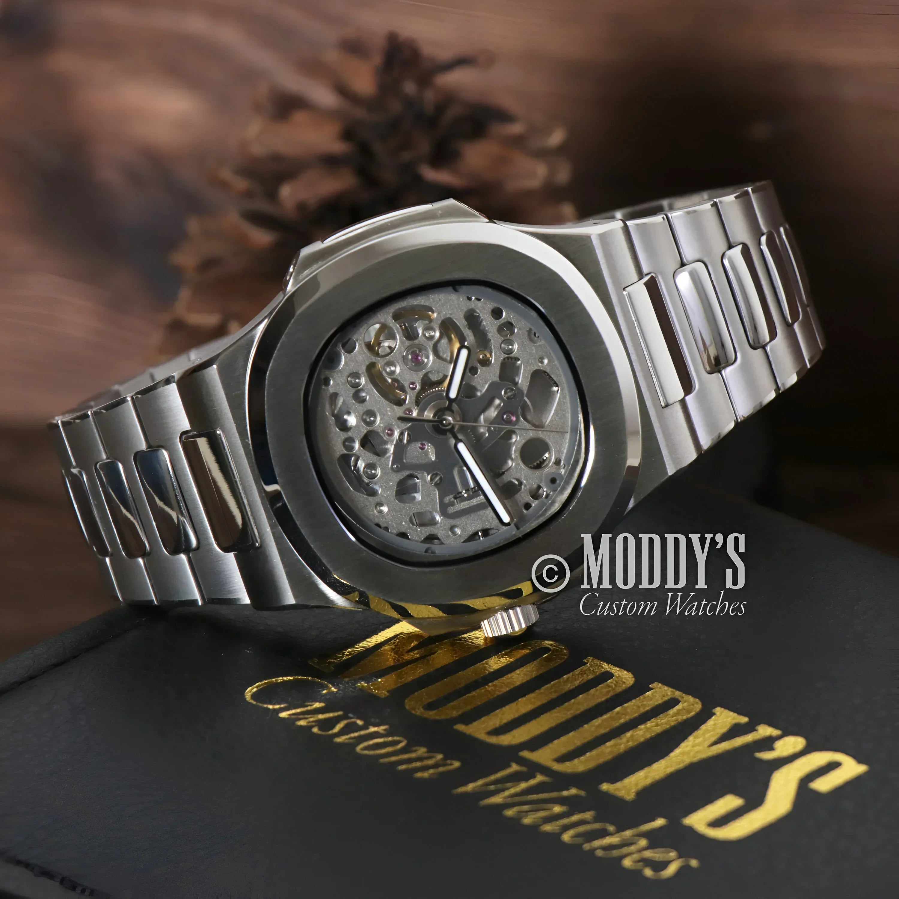 Silver Skeletonized Wristwatch Nautiko with NH70 Automatic Movement for Seiko Mod Nautilus