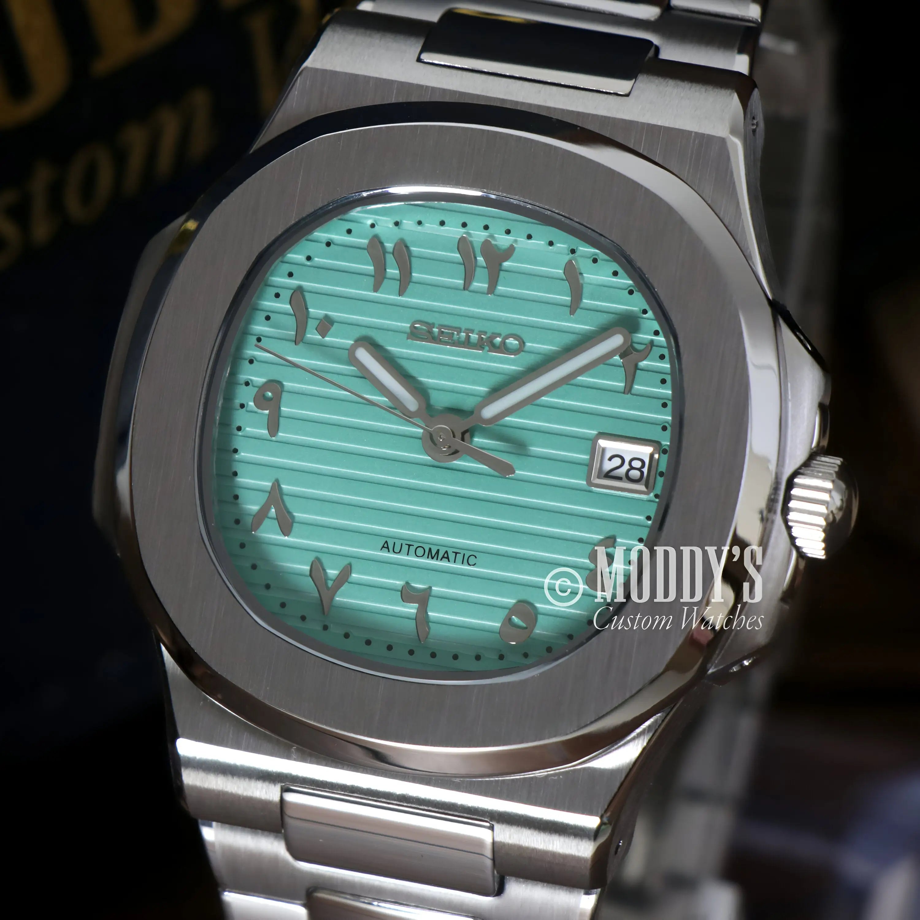 Silver Seiko NH35 Automatic Nautiko Arabic Tiffany Blue Watch