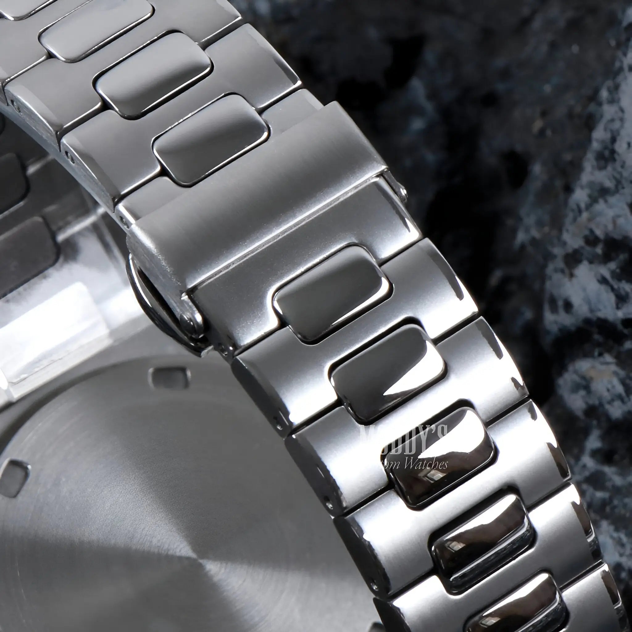 Seiko mod Nautilus watch with 904L stainless steel band in Tiffany Blue