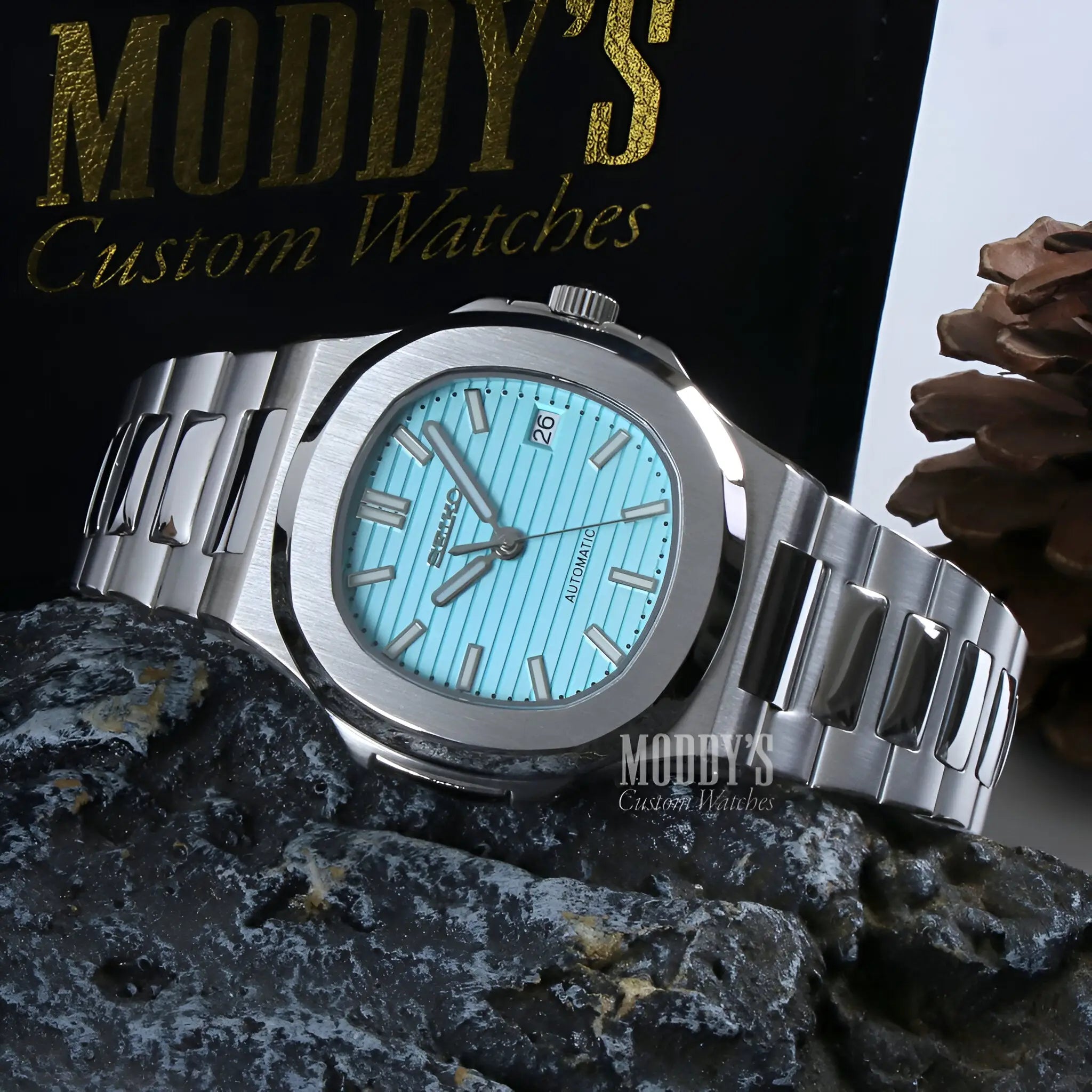 Tiffany Blue Seiko mod Nautilus watch in 904L steel