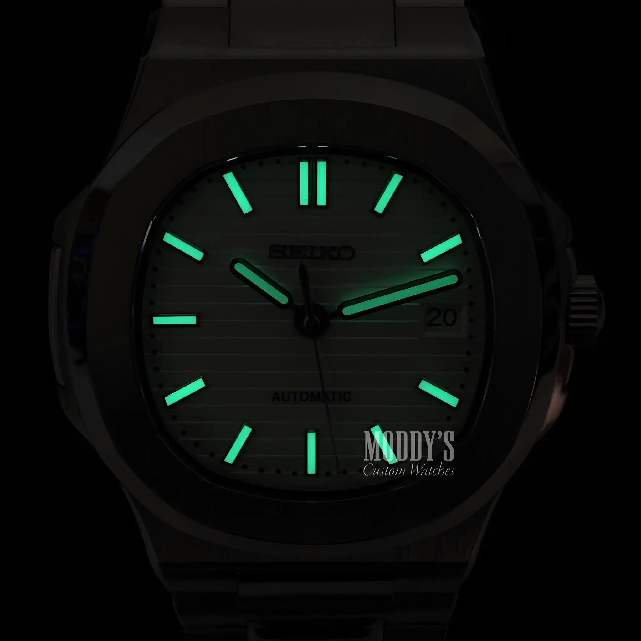 Nautiko White Open Heart seiko mod nautilus watch with green glow-in-the-dark hands
