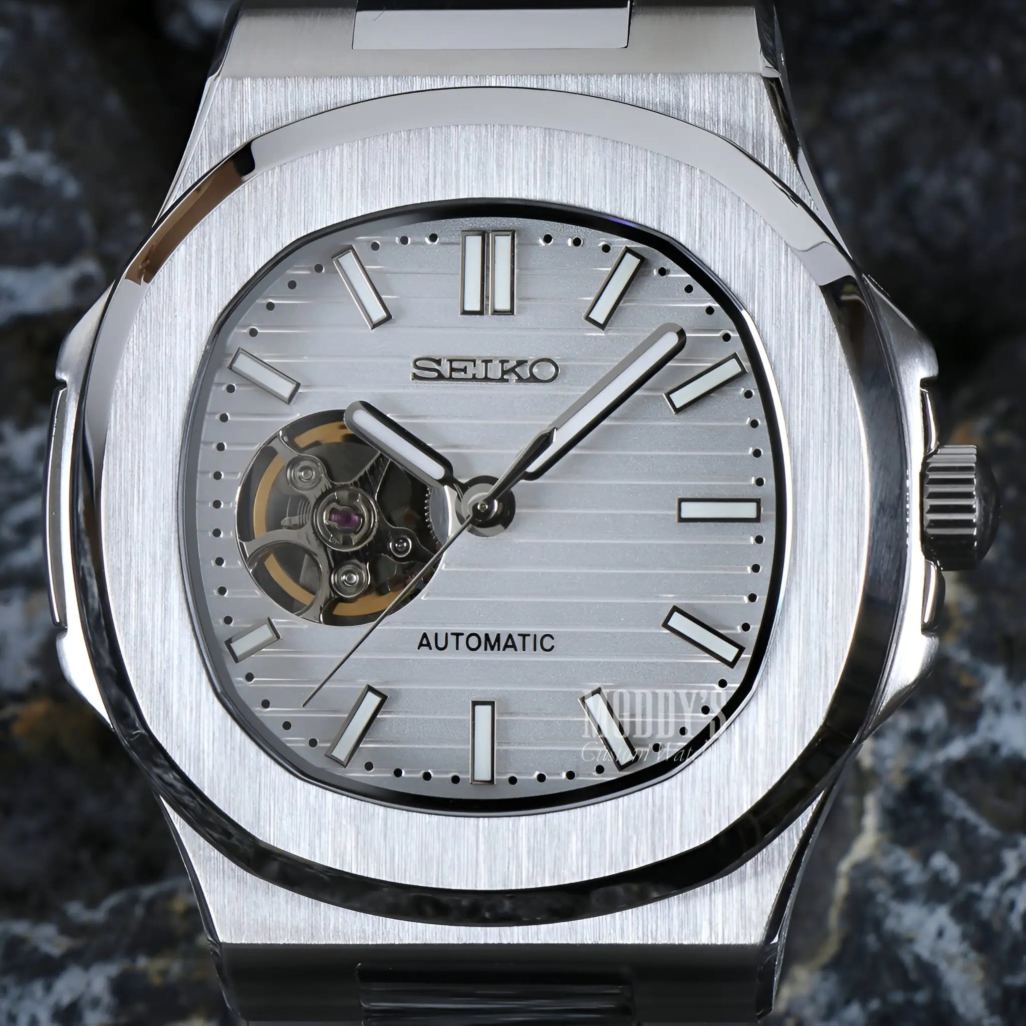 Nautiko White Open Heart Seiko mod Nautilus watch with 904L steel