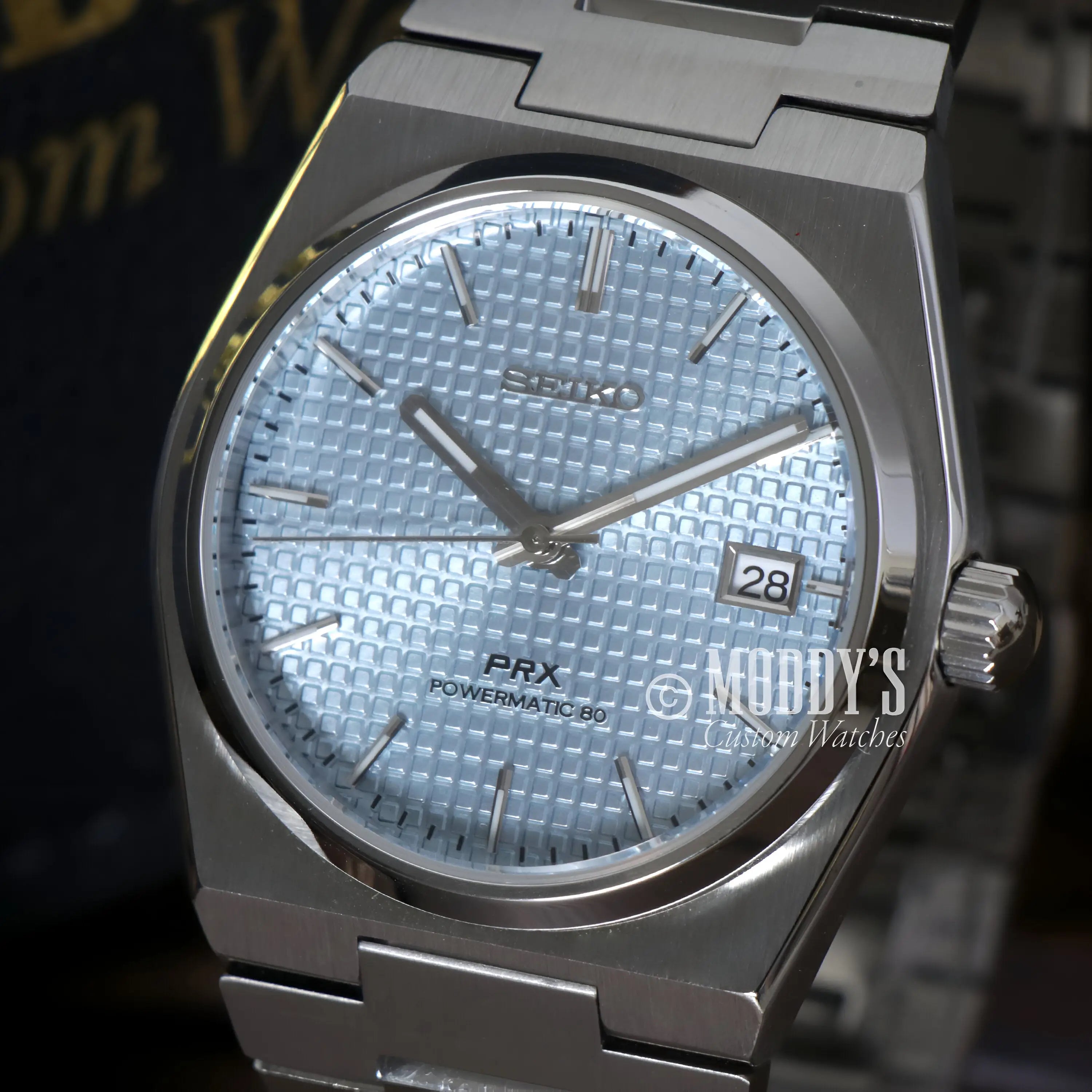 PRXeiko Ice Blue Seiko mod with NH35 automatic movement and textured dial