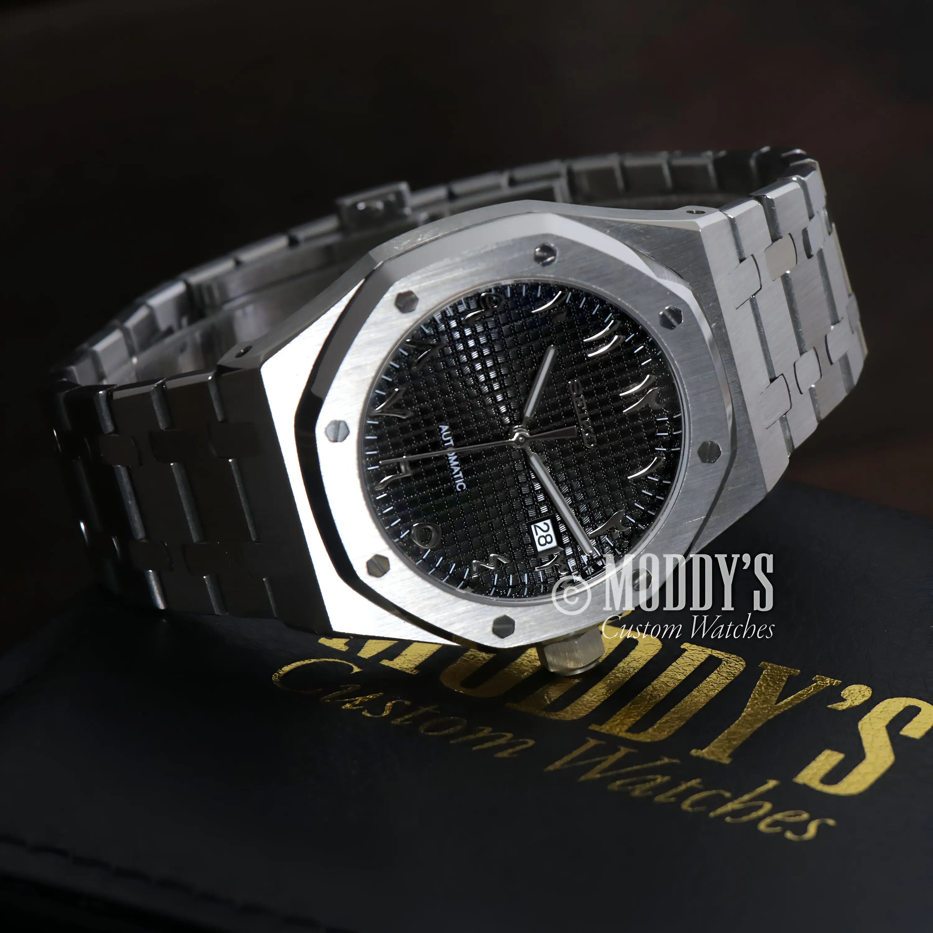 Silver Royal Oak mod watch with black dial, Seiko NH35 automatic