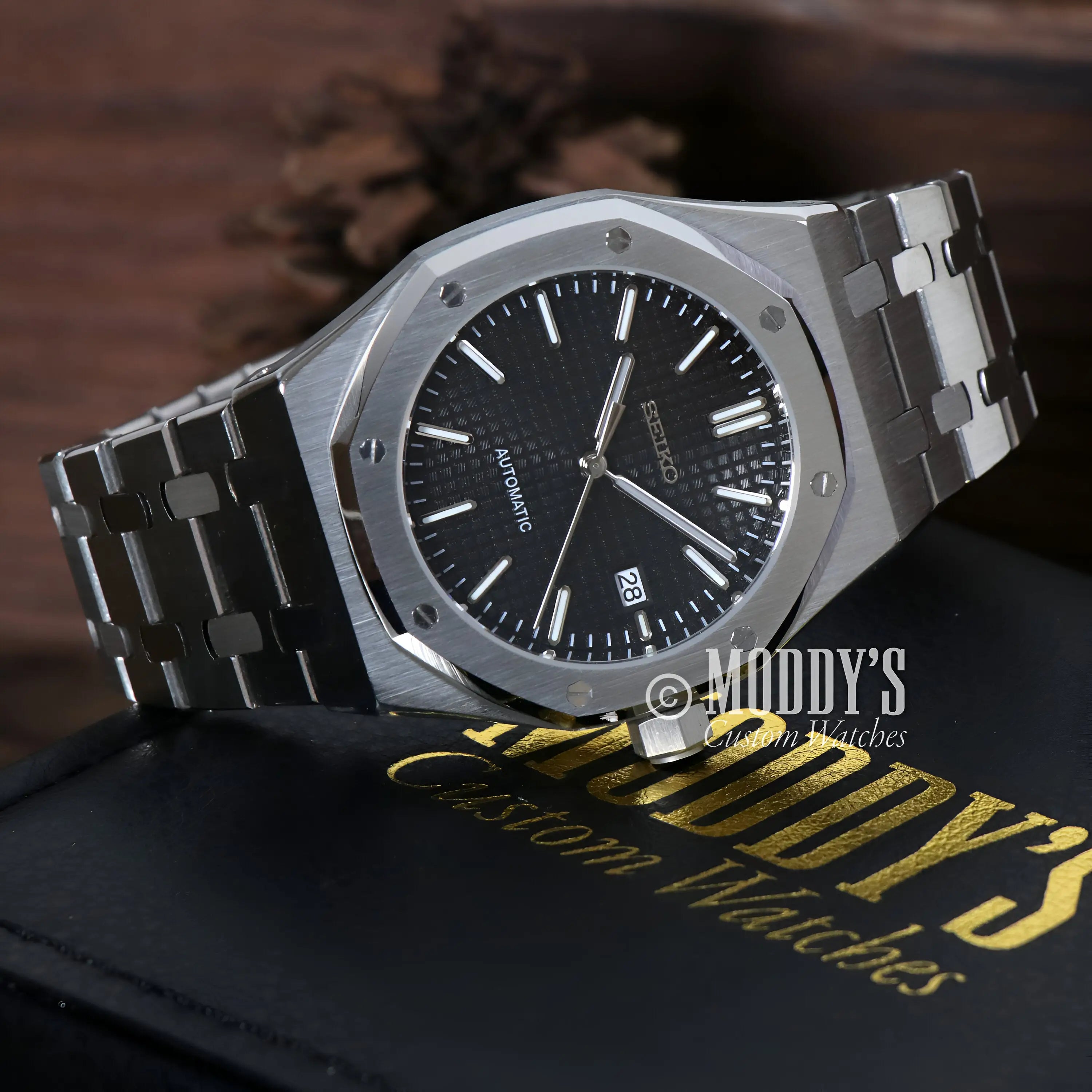 Royal Oak mod Seiko NH35 automatic watch with black dial and water resistance