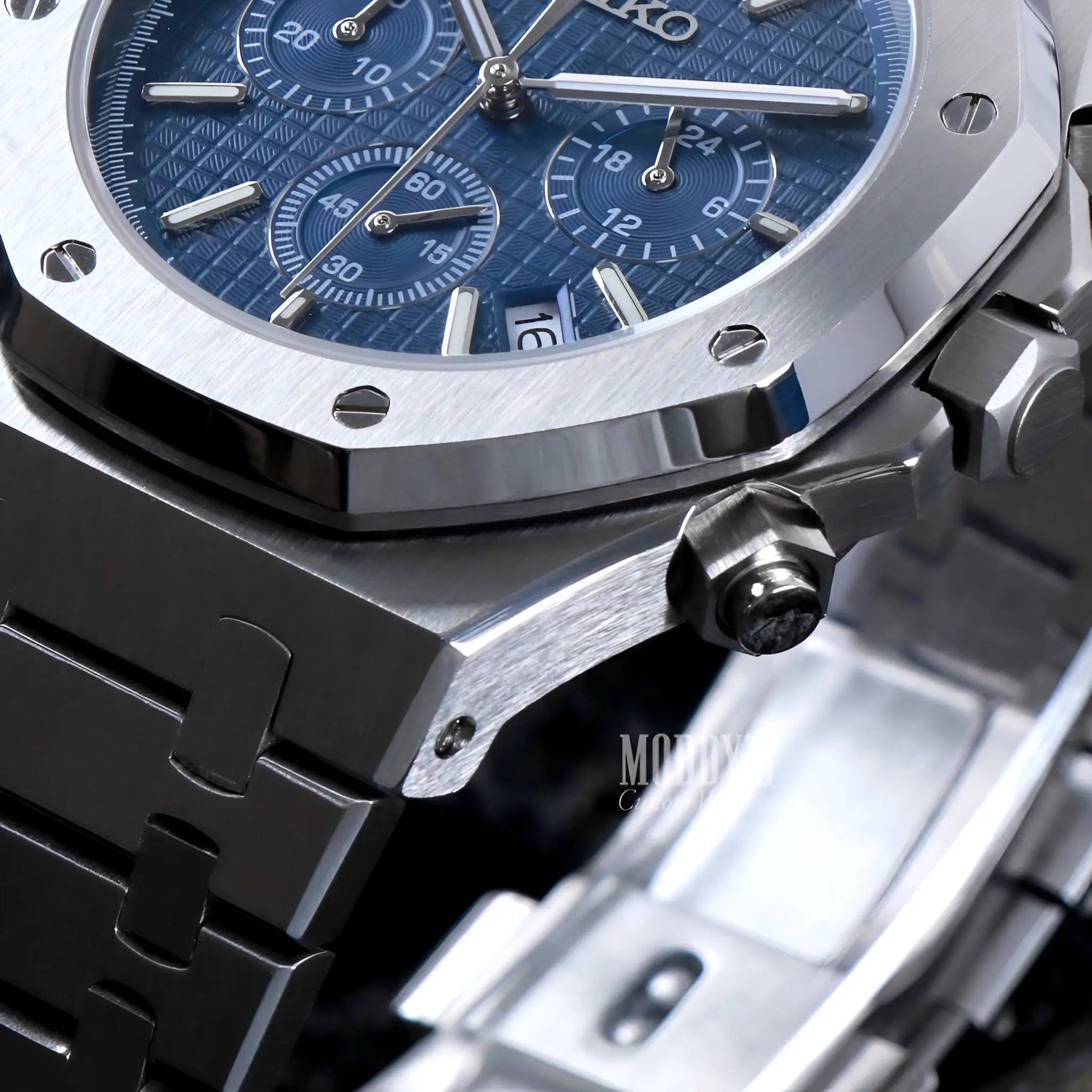Royal Seikoak Chrono Blue watch with blue dial, silver accents, Seiko VK63 hybrid movement