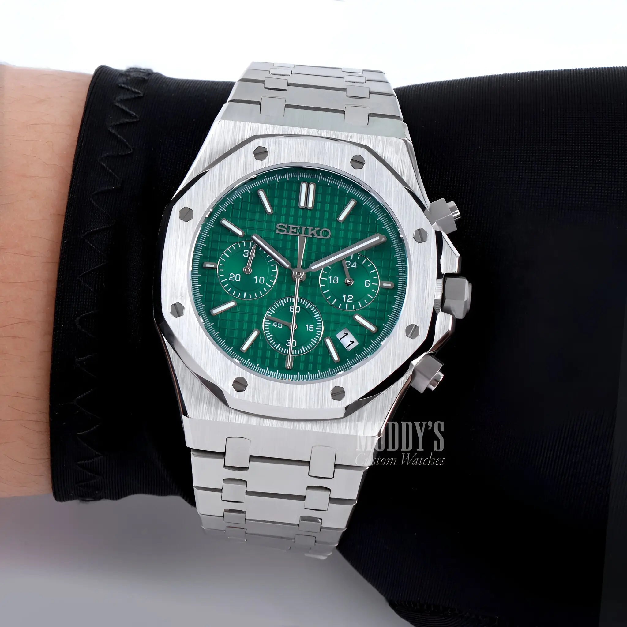 Green Seiko VK63 hybrid chronograph watch with royal oak design