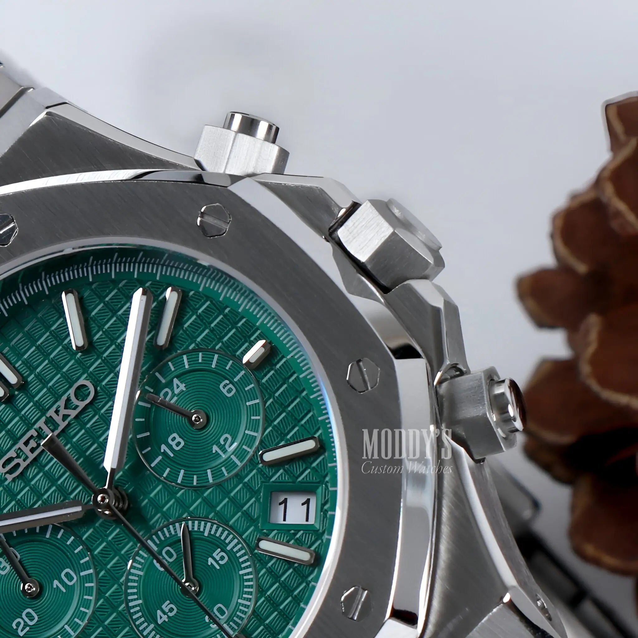 Seiko VK63 hybrid green chronograph watch in Royal Oak design