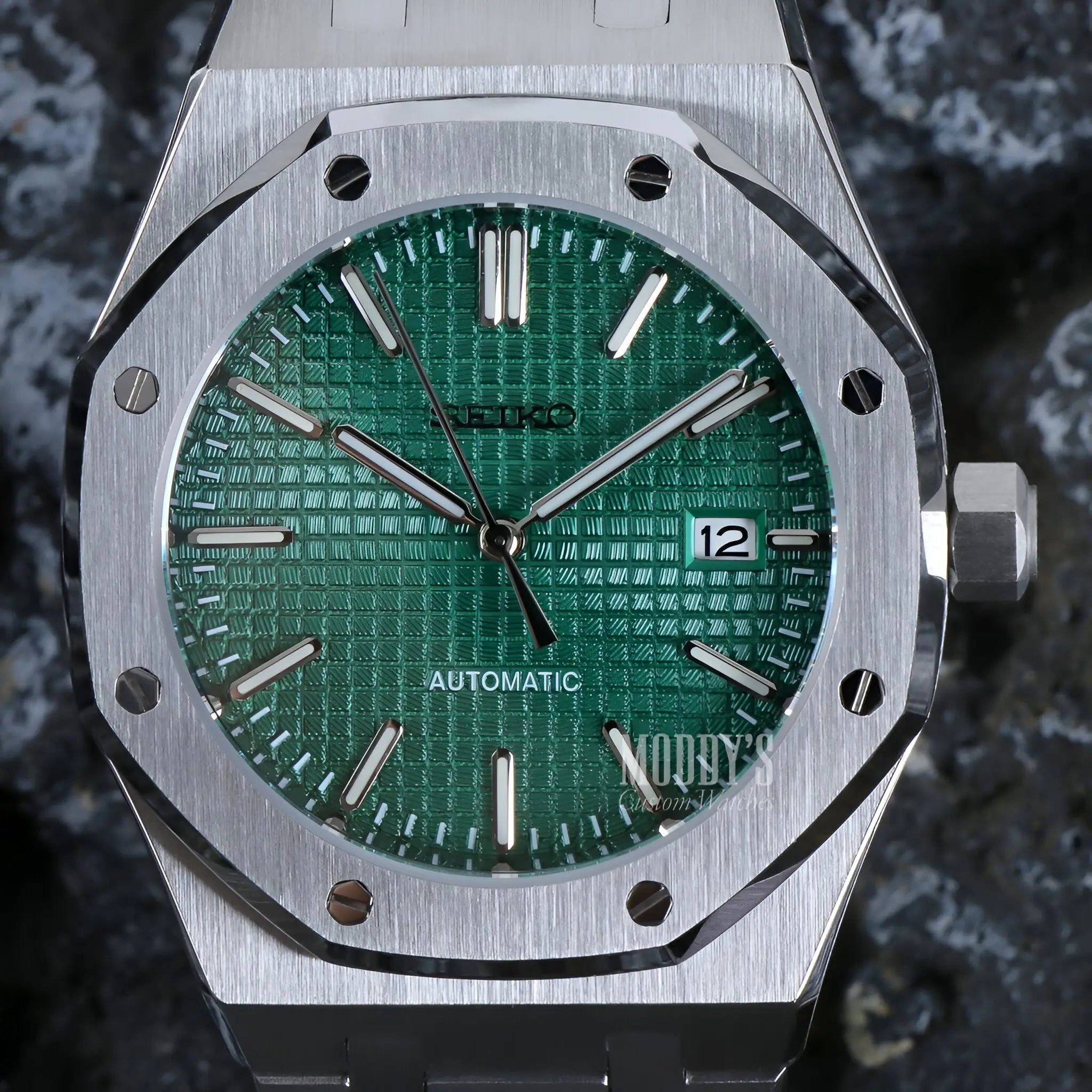 Green textured Seiko NH35 automatic Royal Oak mod watch, water resistance