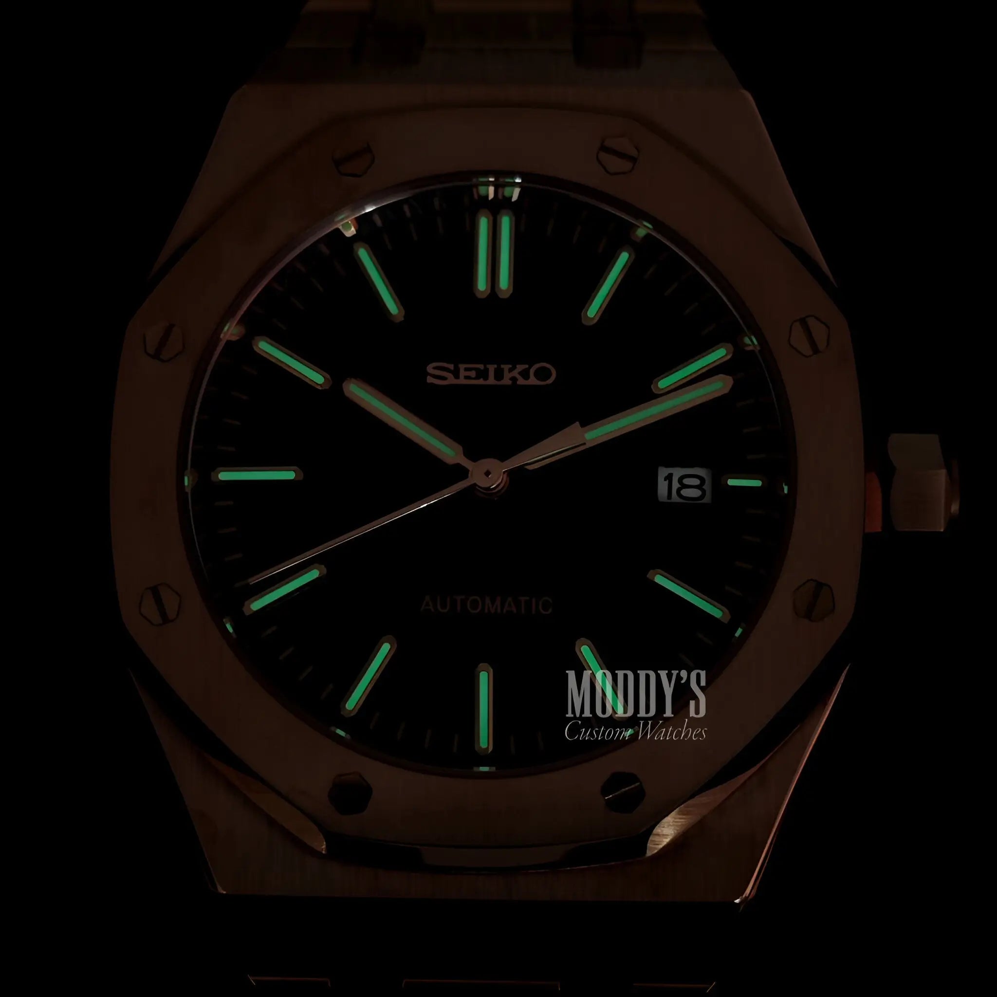 Royal Seikoak Rose Gold Black Dial Watch with Green Lume