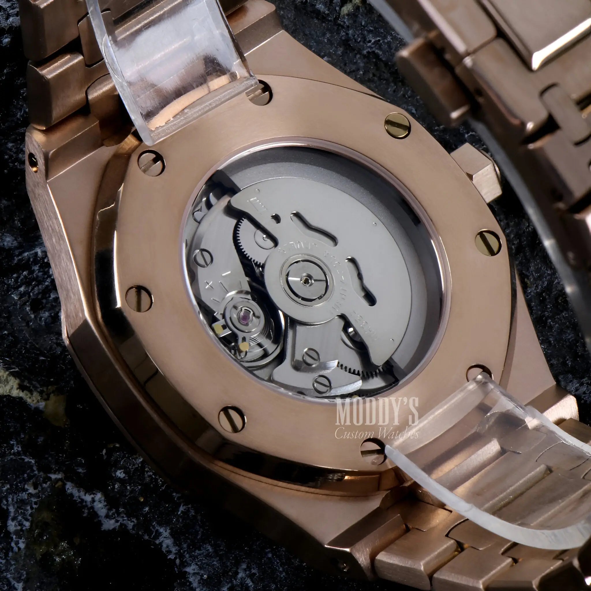 Royal Seikoak Rose Gold Black automatic watch with NH35, transparent back