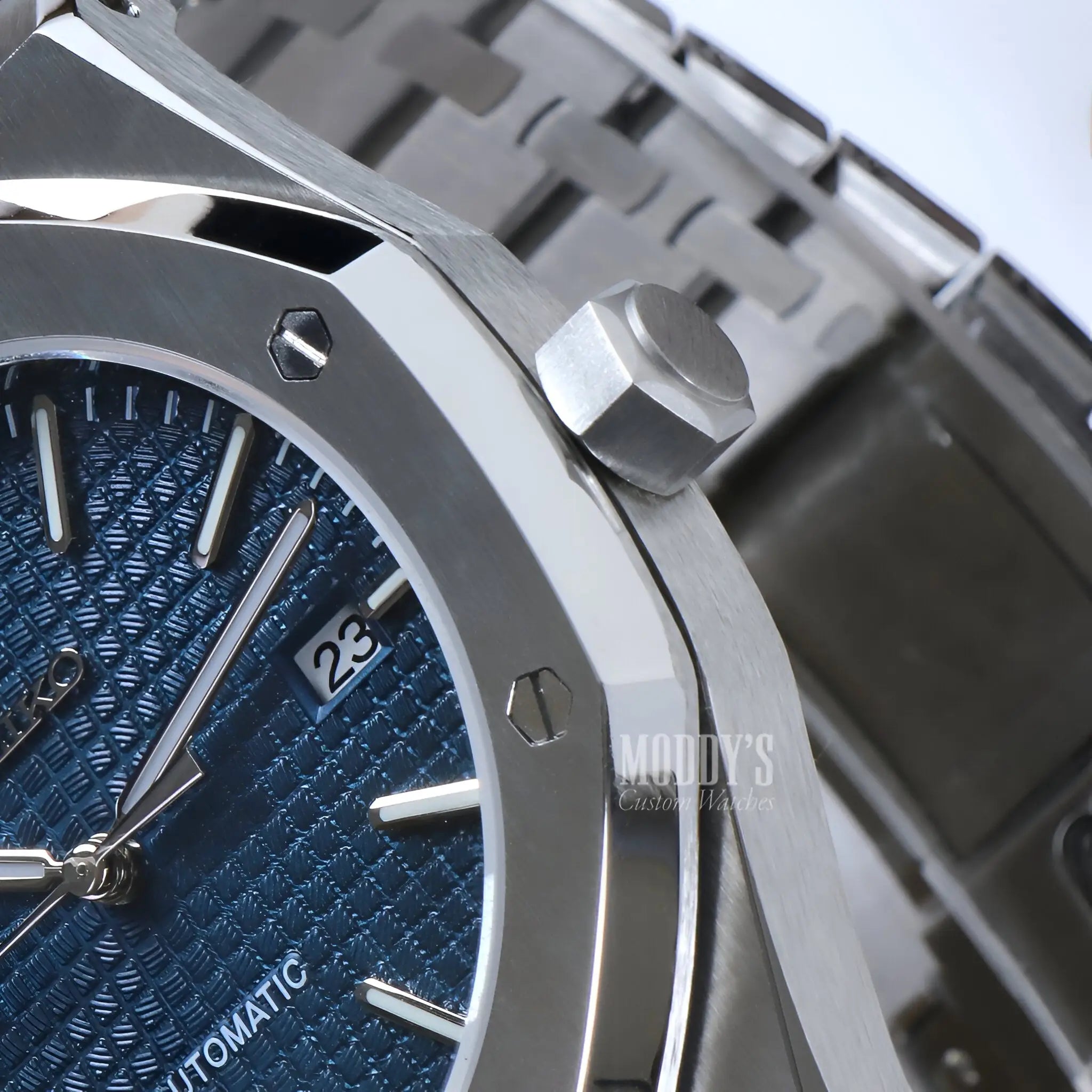 Royal Seikoak blue textured watch with silver accents and Seiko NH35 automatic