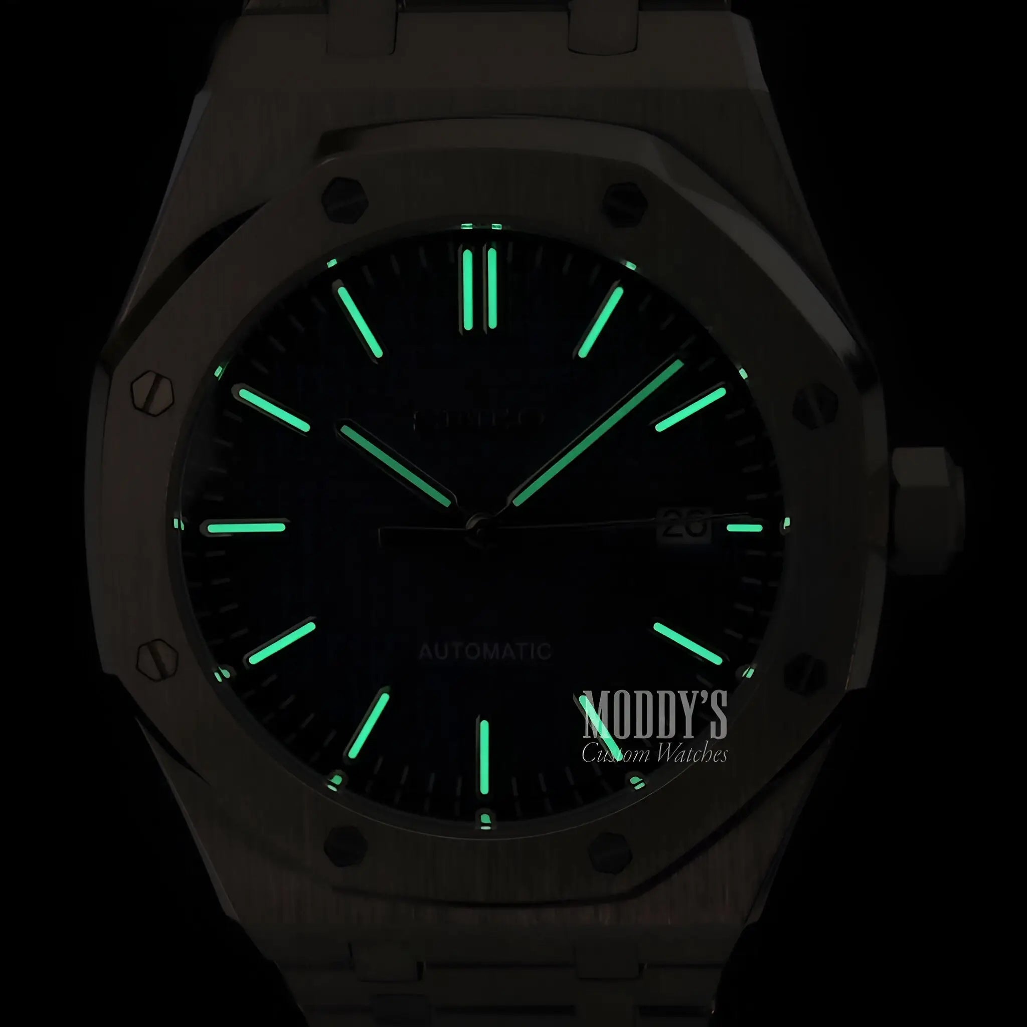 White Audemars Piguet Royal Oak mod Seiko NH35 automatic watch with green lume