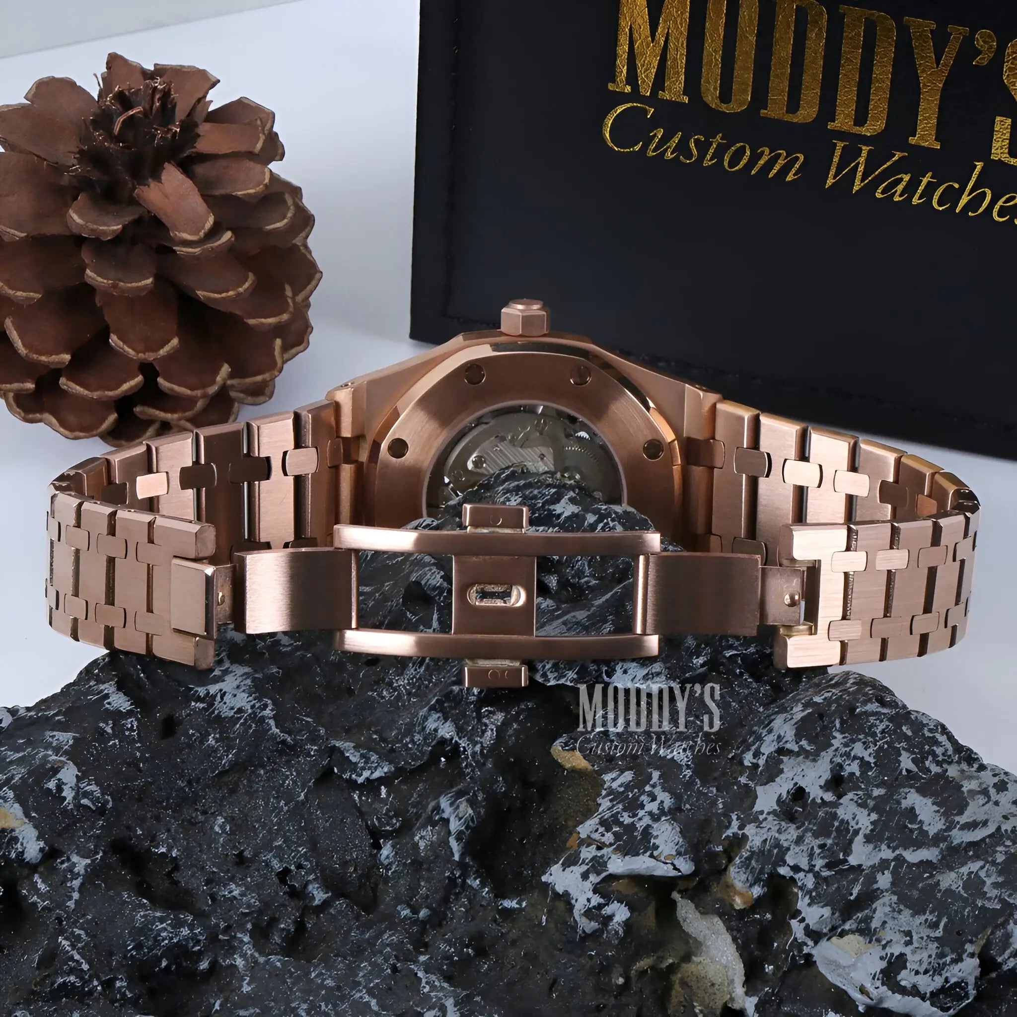 Rose gold Audemars Piguet Royal Oak mod watch with Seiko NH70 automatic skeleton dial and stainless steel bracelet