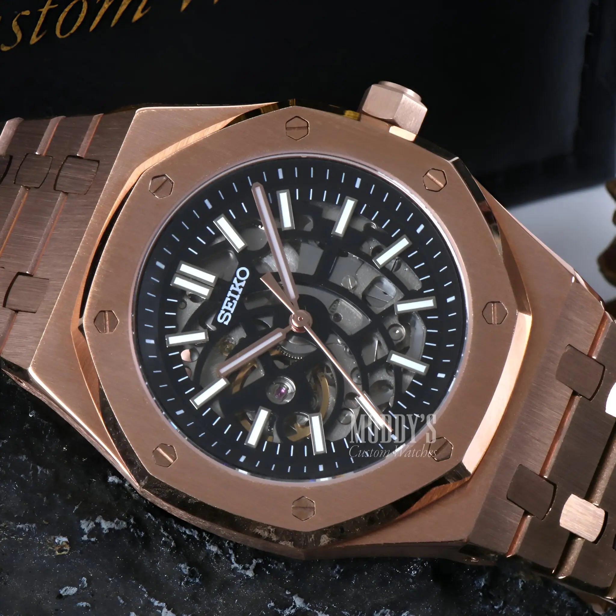 Royal Oak Mod Seiko NH70 Automatic Rose Gold Skeleton Watch
