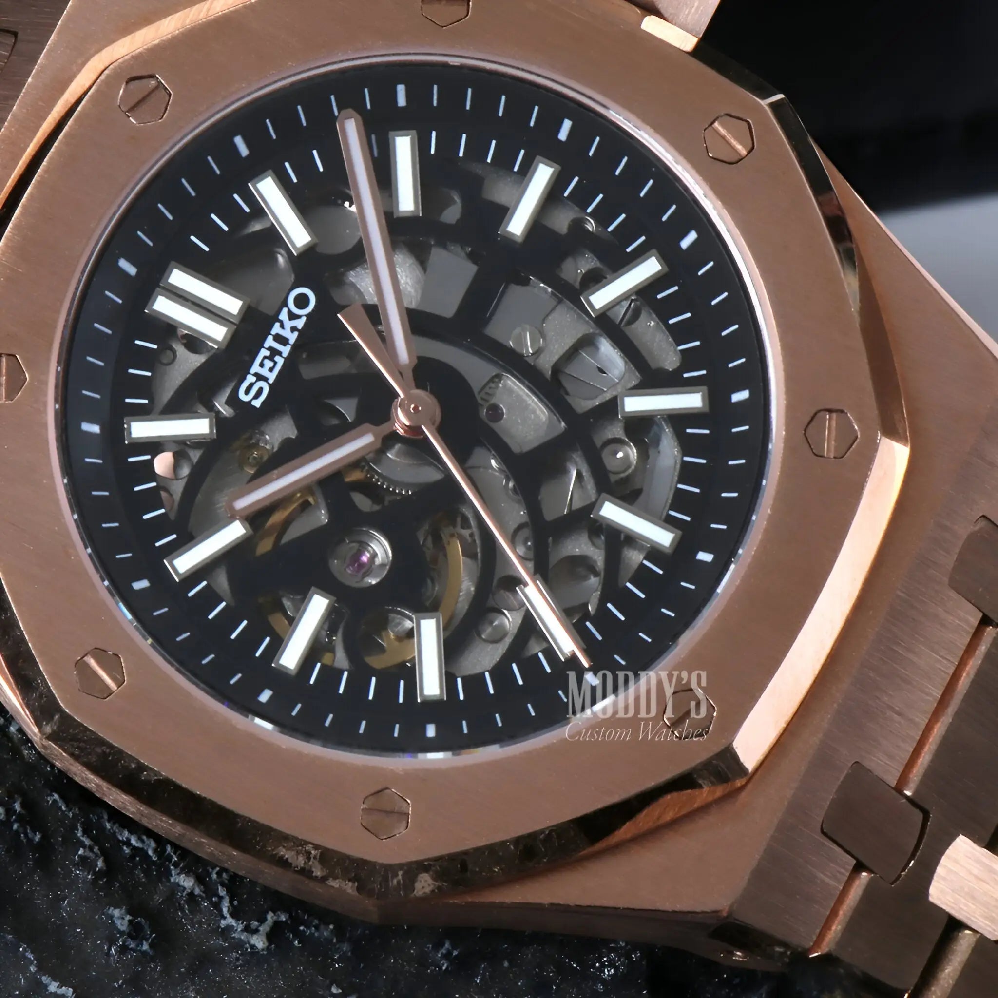 Royal Seikoak rose gold skeleton watch with Seiko NH70 automatic