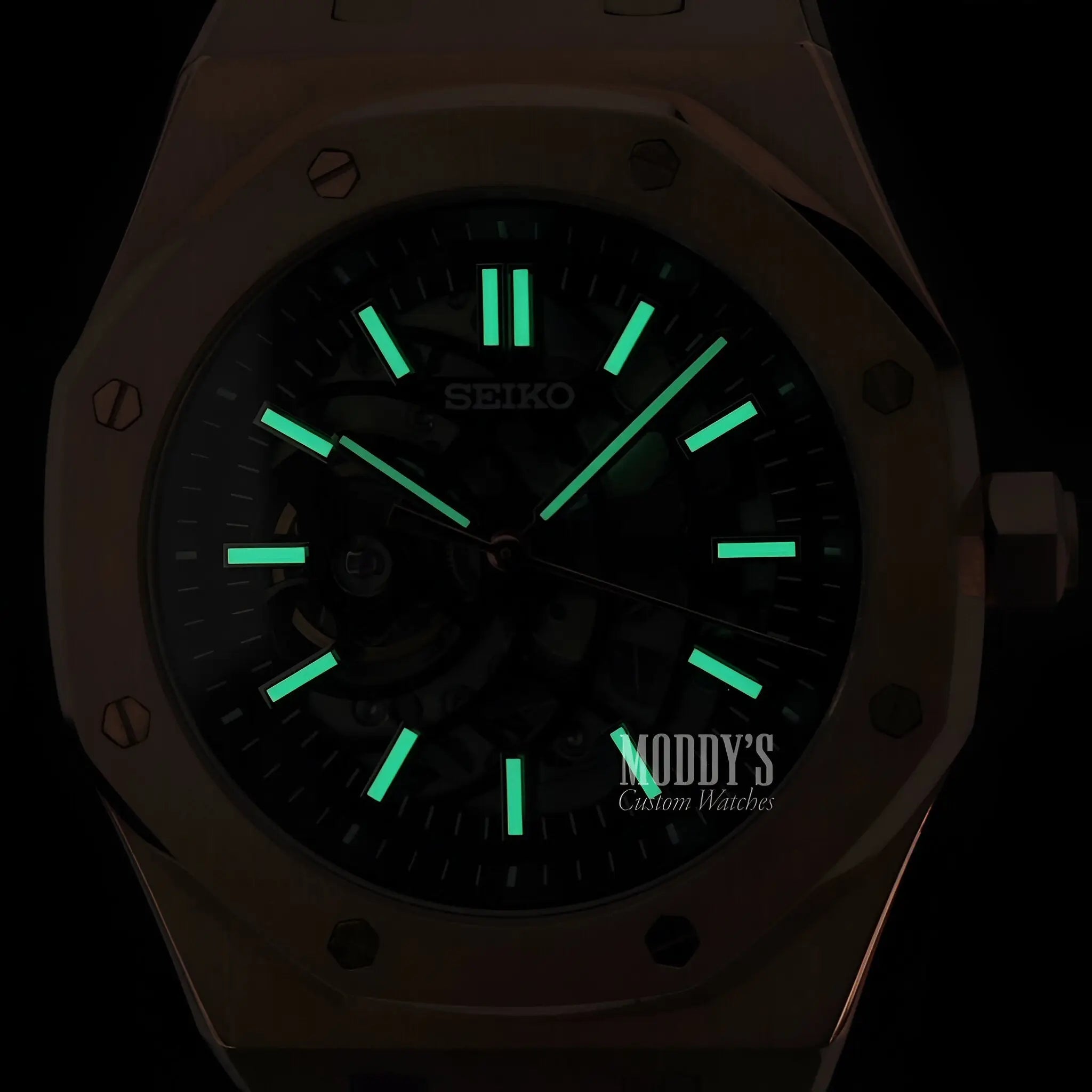 Royal Seikoak Rose Gold Skeleton with luminous green hands, white ceramic case, Seiko NH70 automatic, stainless steel water resistance