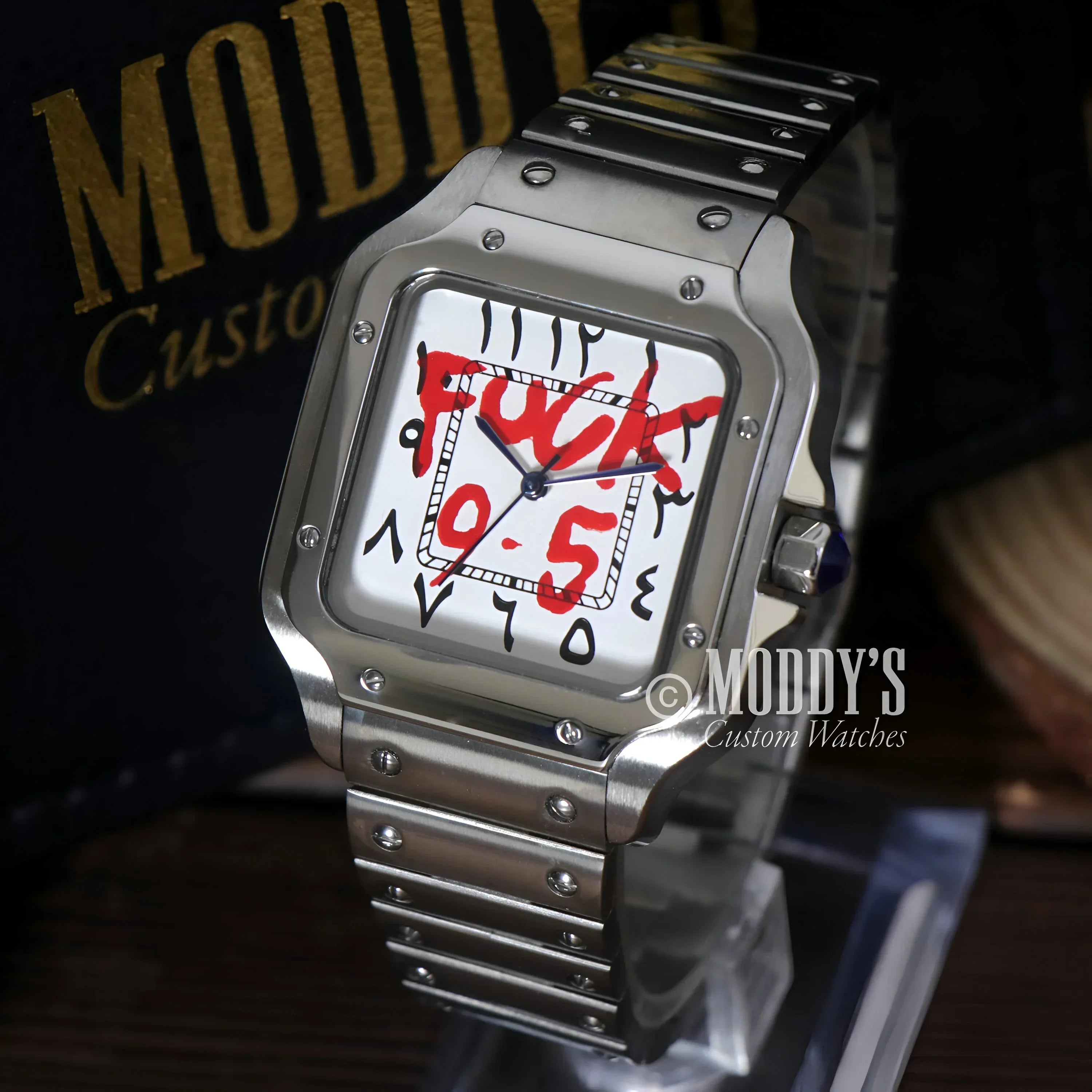 Silver wristwatch with graffiti design, Santeiko Arabic Fck mod NH35 automatic movement