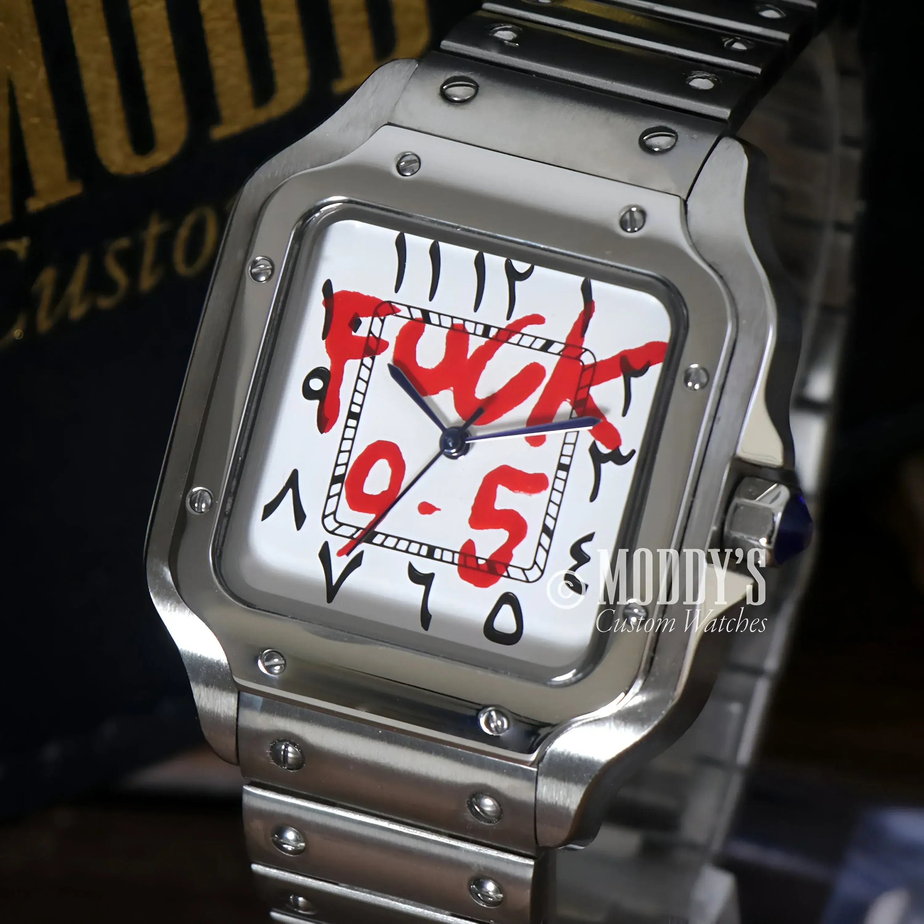 Silver wristwatch with graffiti featuring Arabic Fck and NH35 automatic movement