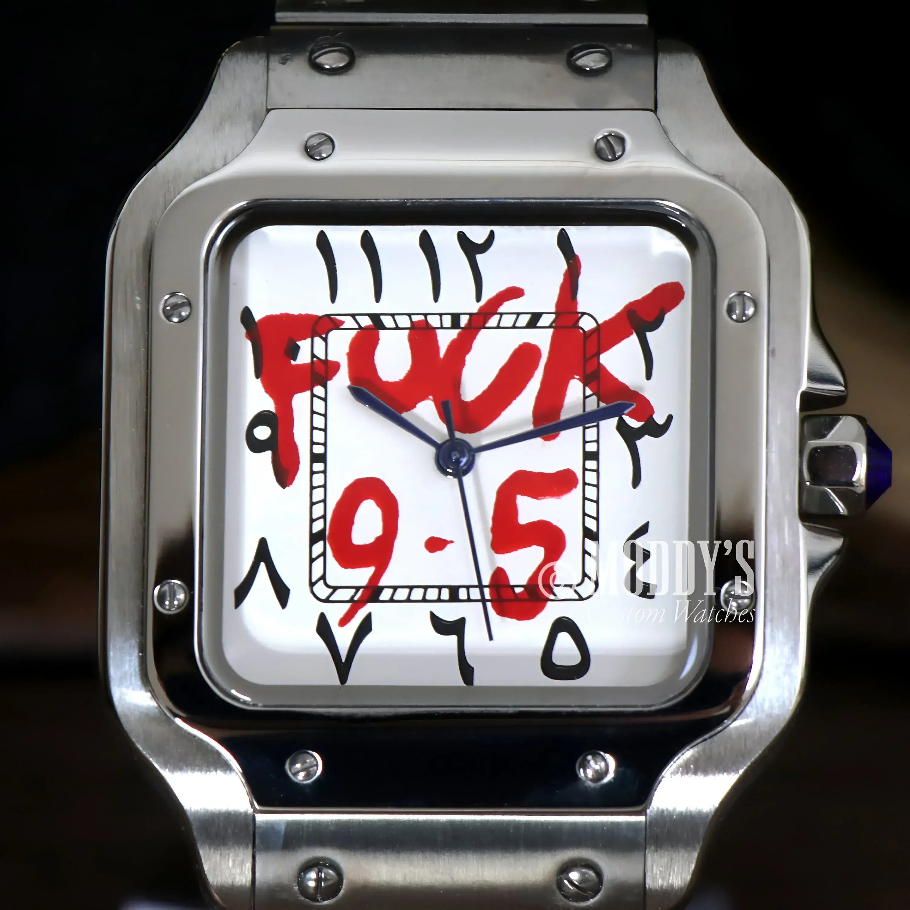 Silver wristwatch with Arabic Fck graffiti showcasing NH35 automatic movement design