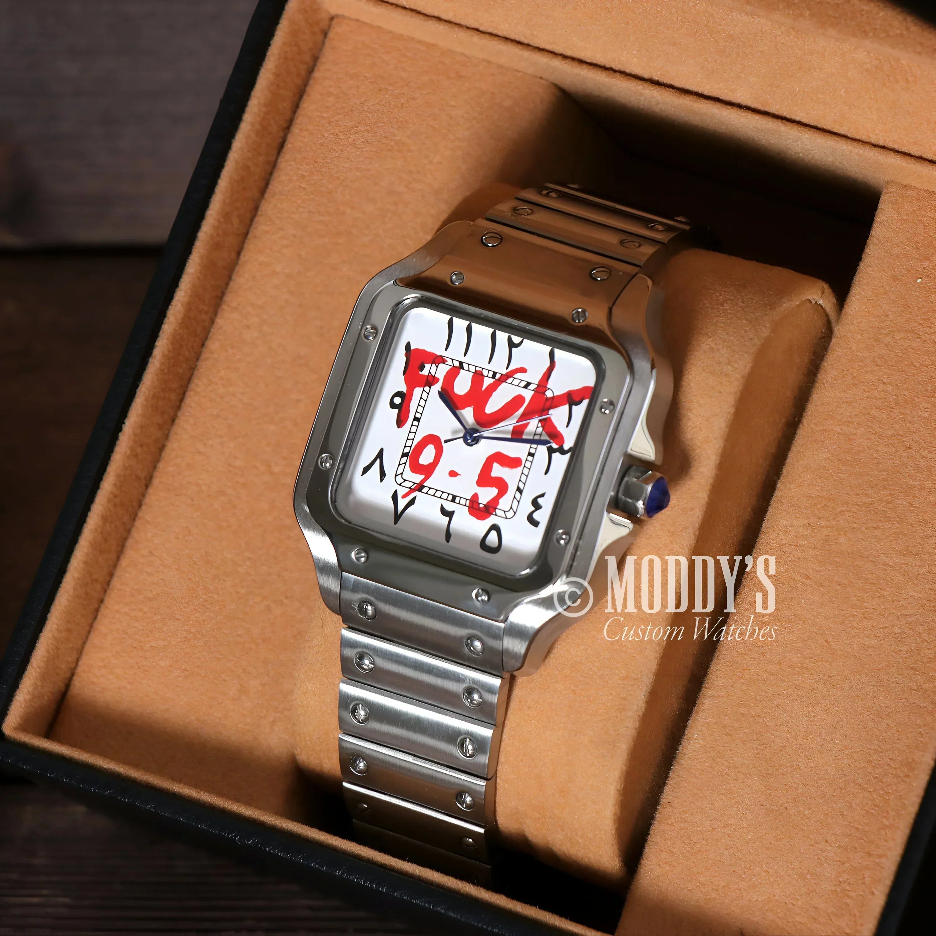 Silver Seiko mod Santos wristwatch with Arabic Fck design and NH35 automatic movement