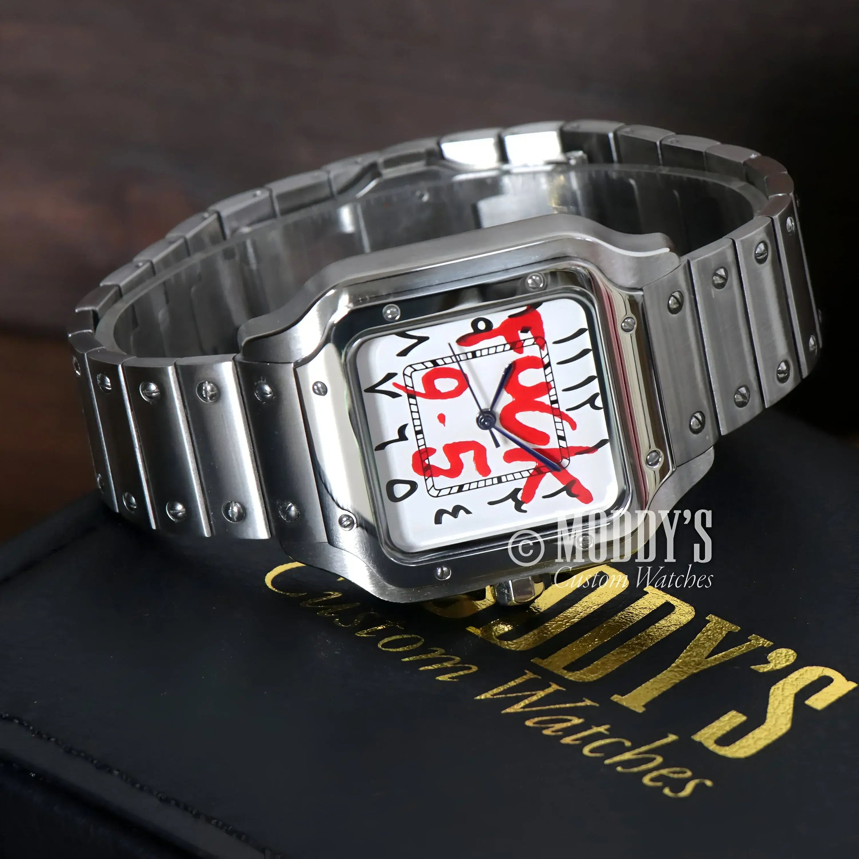 Silver wristwatch featuring graffiti-style face and NH35 automatic movement, Arabic Fck