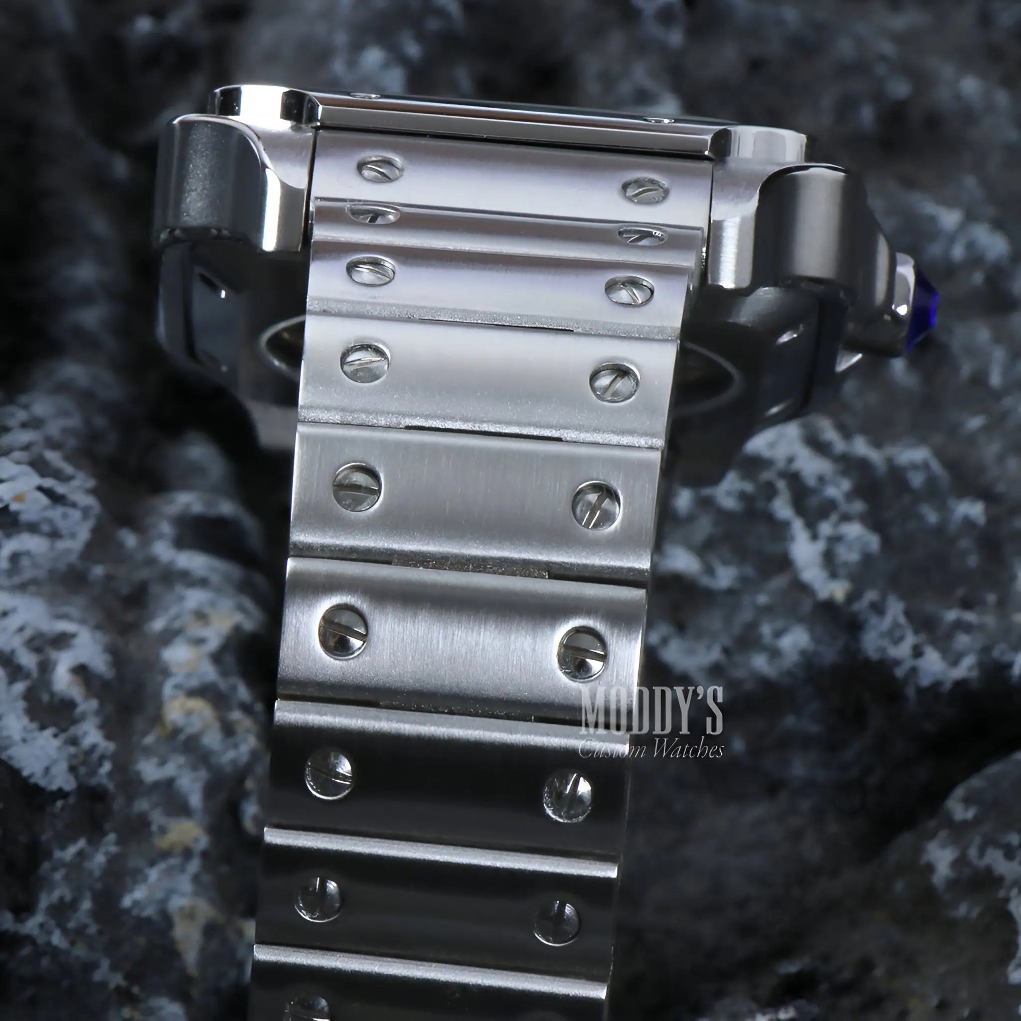 Seiko mod Santos: silver stainless steel watch band with screw accents