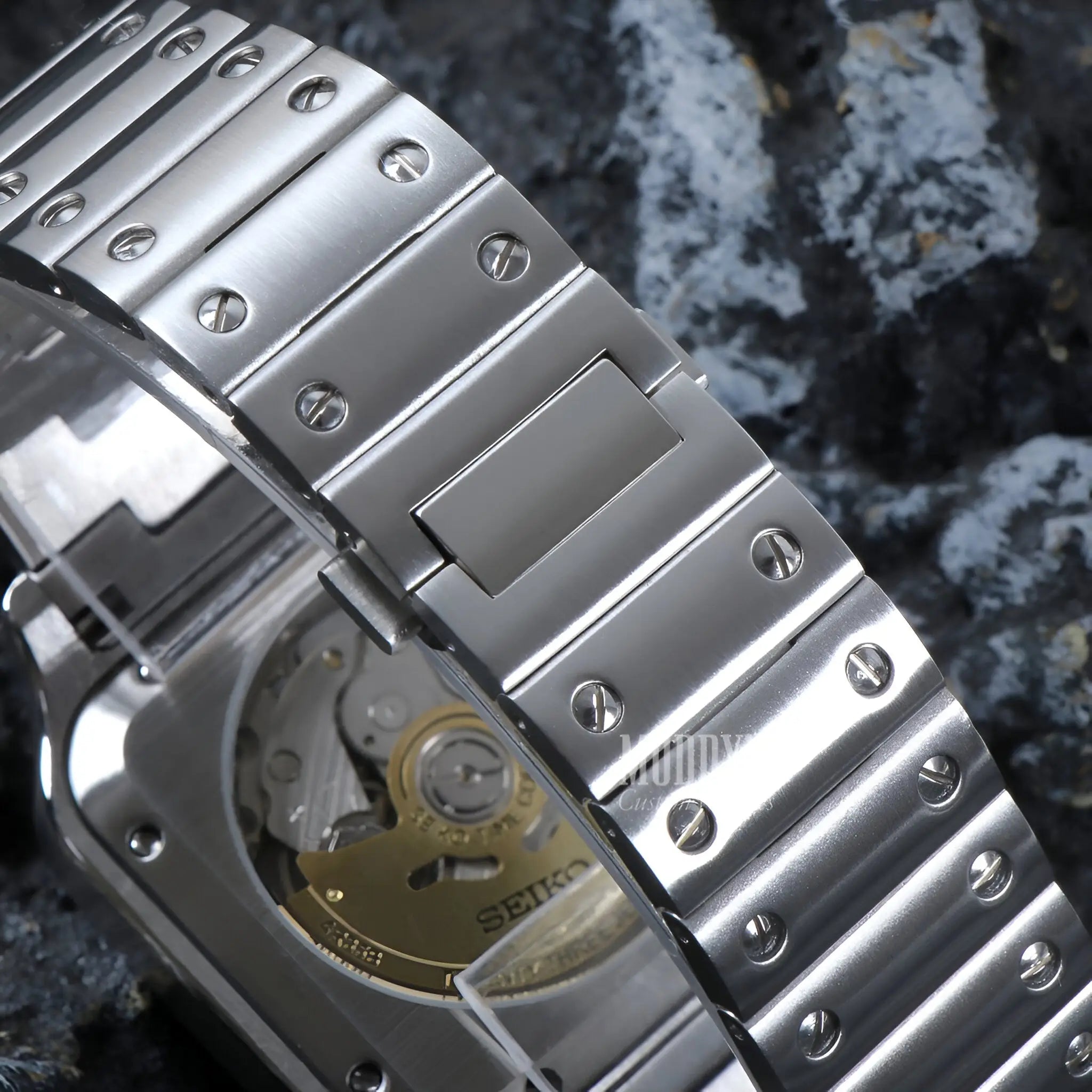 Seiko mod Santos silver stainless steel band with NH35 automatic