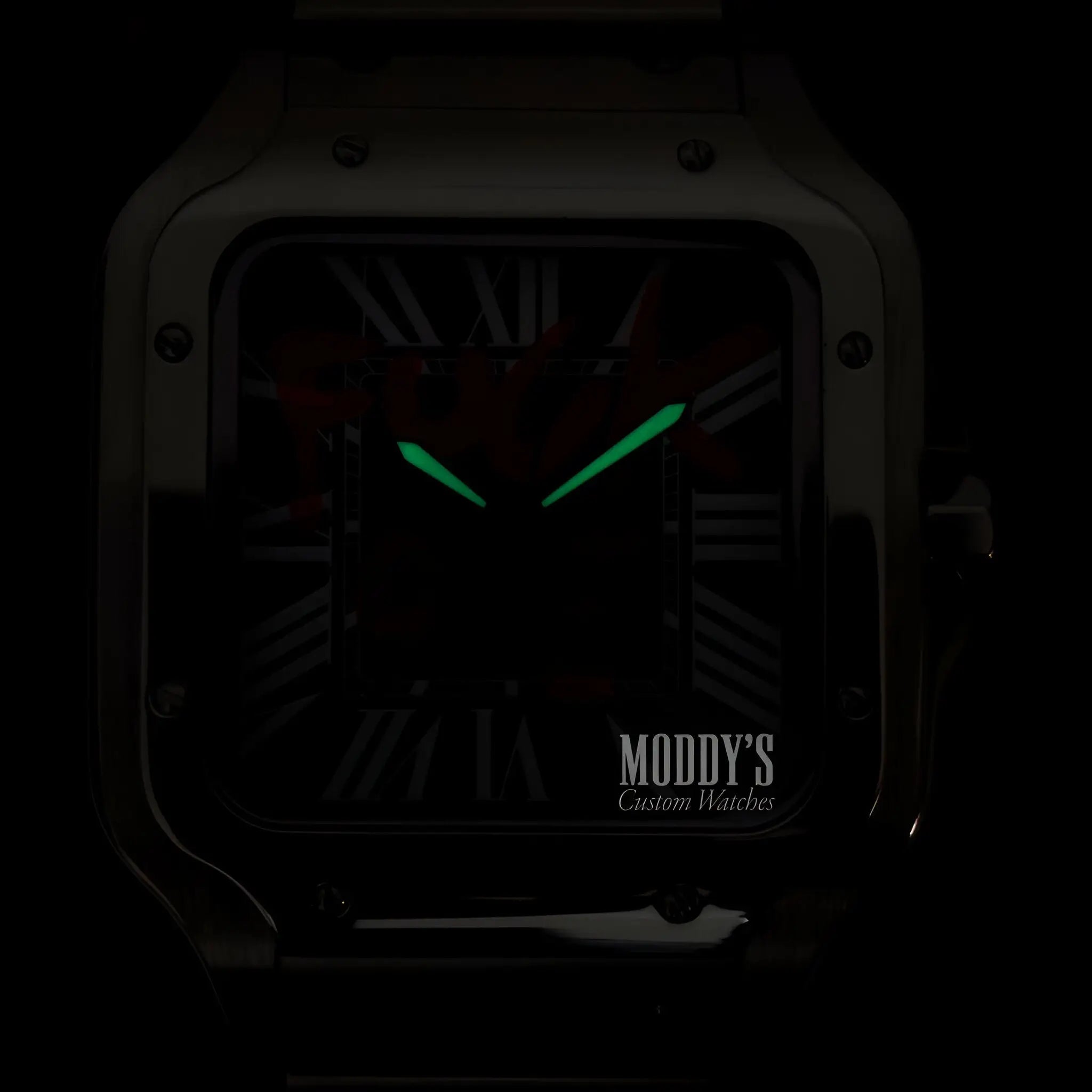 Seiko mod Santos with square face, green luminous hands, black strap