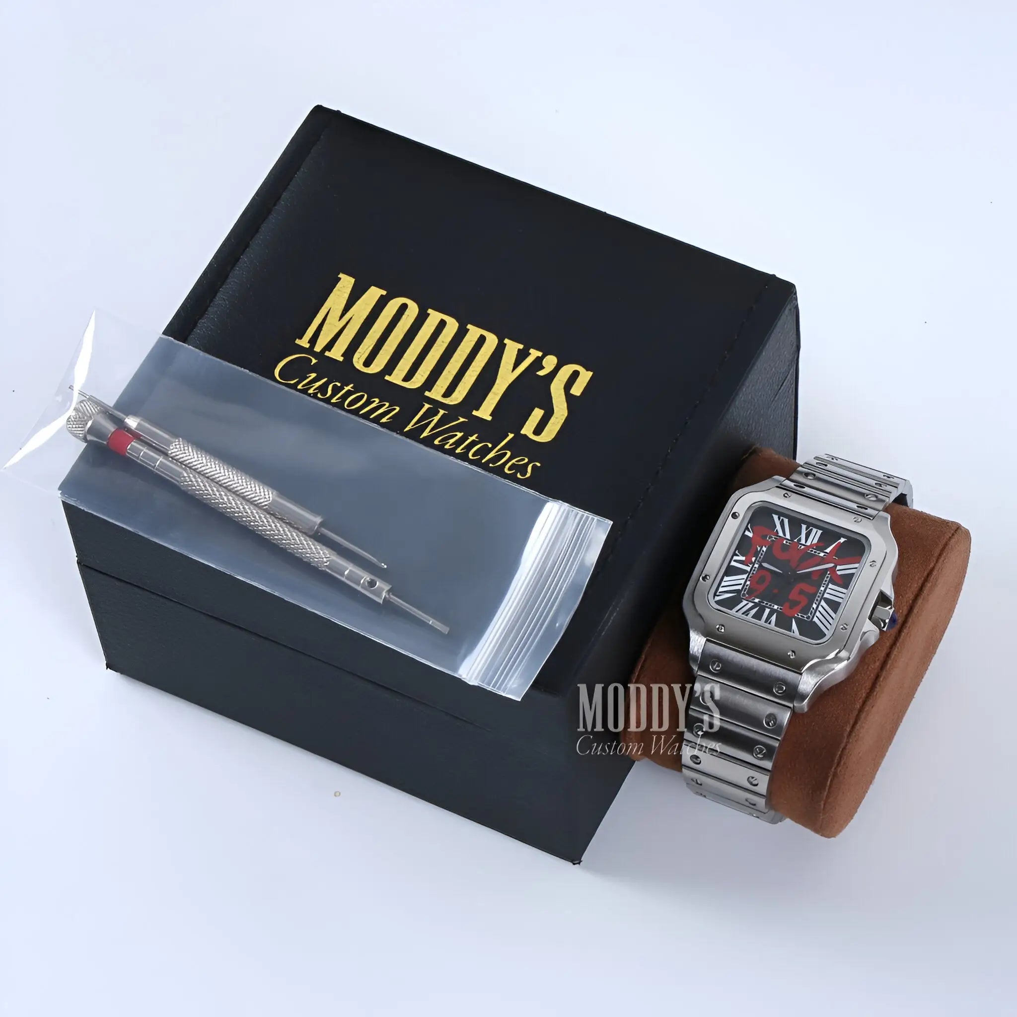 Seiko mod santos silver watch with brown leather strap and red face