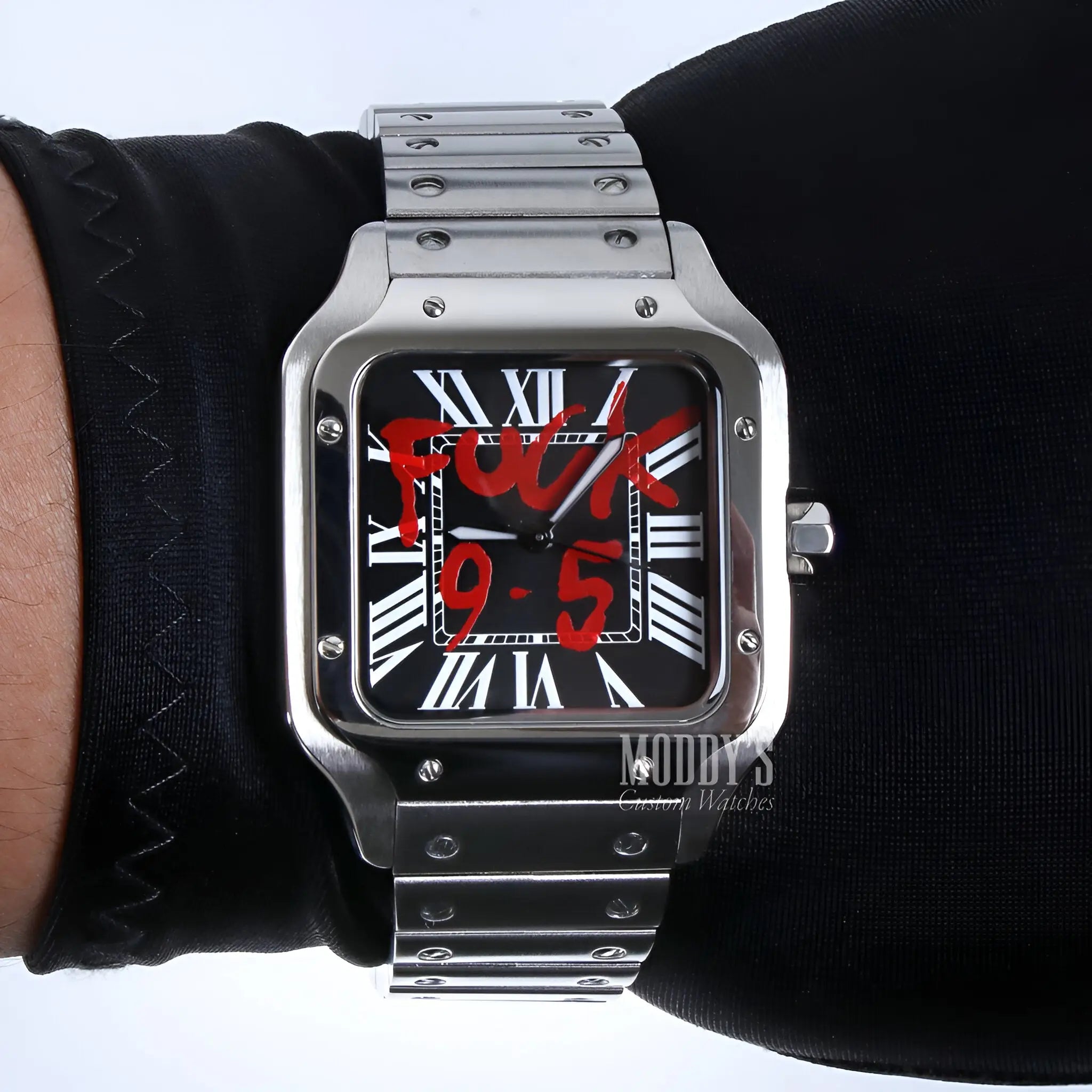 Seiko mod Santos: silver rectangular Seiko NH35 automatic watch with black face, red text, Roman numerals