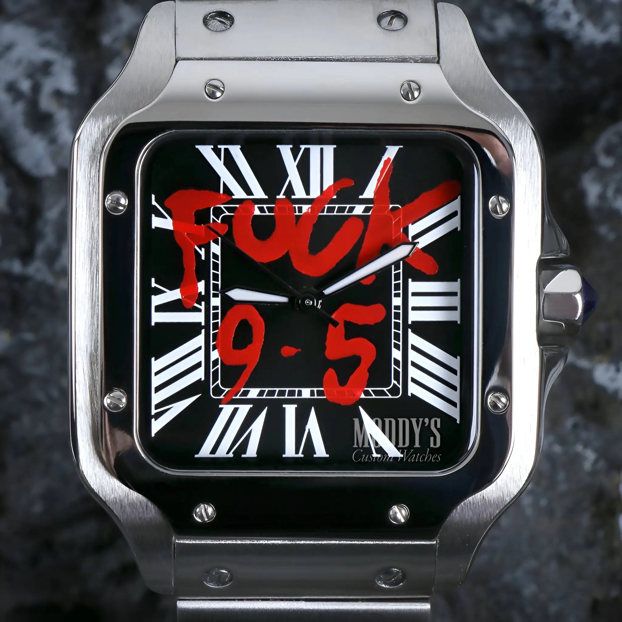 Santeiko Seiko mod watch with black face, red Fuck 9-5 text, stainless steel band