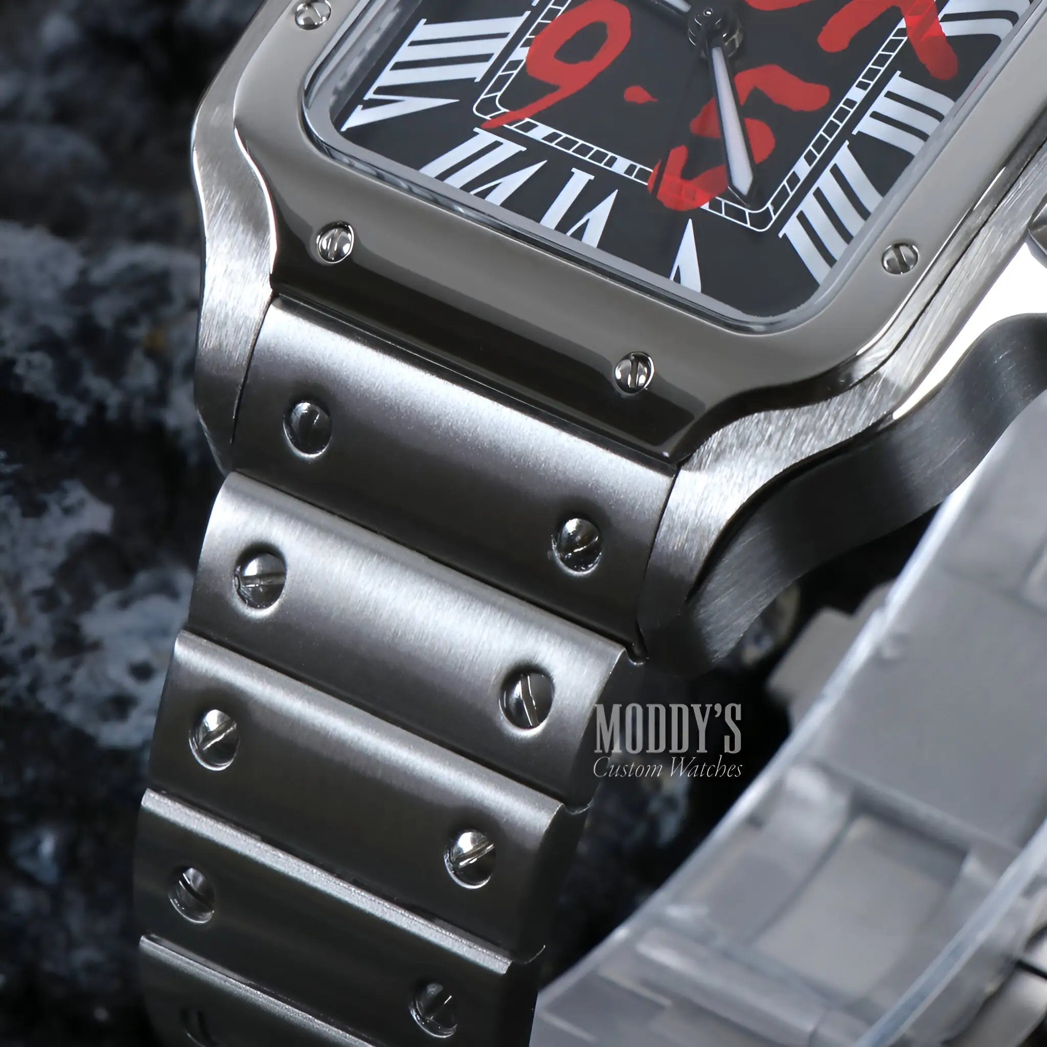 Seiko mod Santos watch with black face, silver Roman numerals, stainless steel band