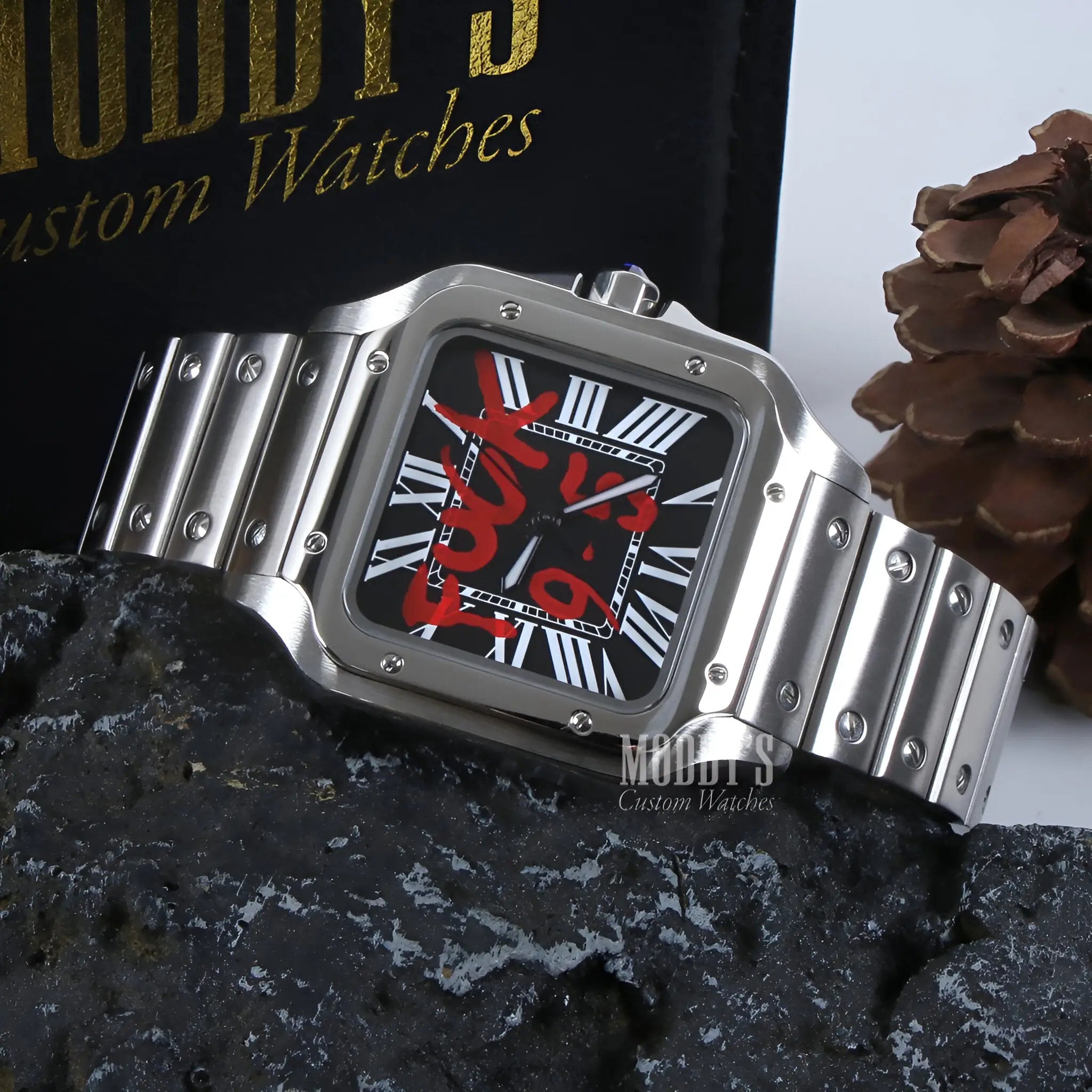Seiko mod Santos: silver watch with red black face, Roman numerals, steel band