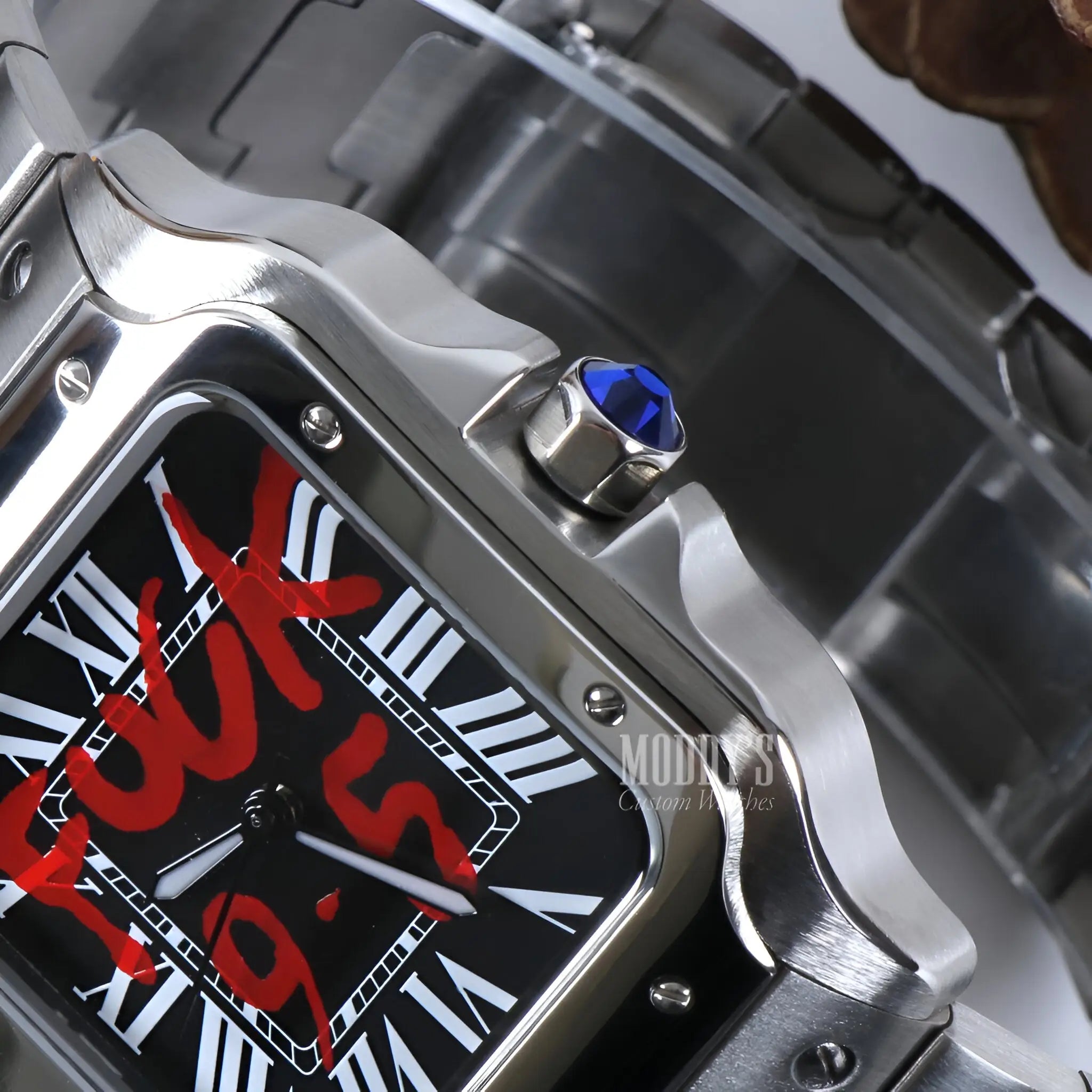 Silver Seiko mod watch with black face and red rook text
