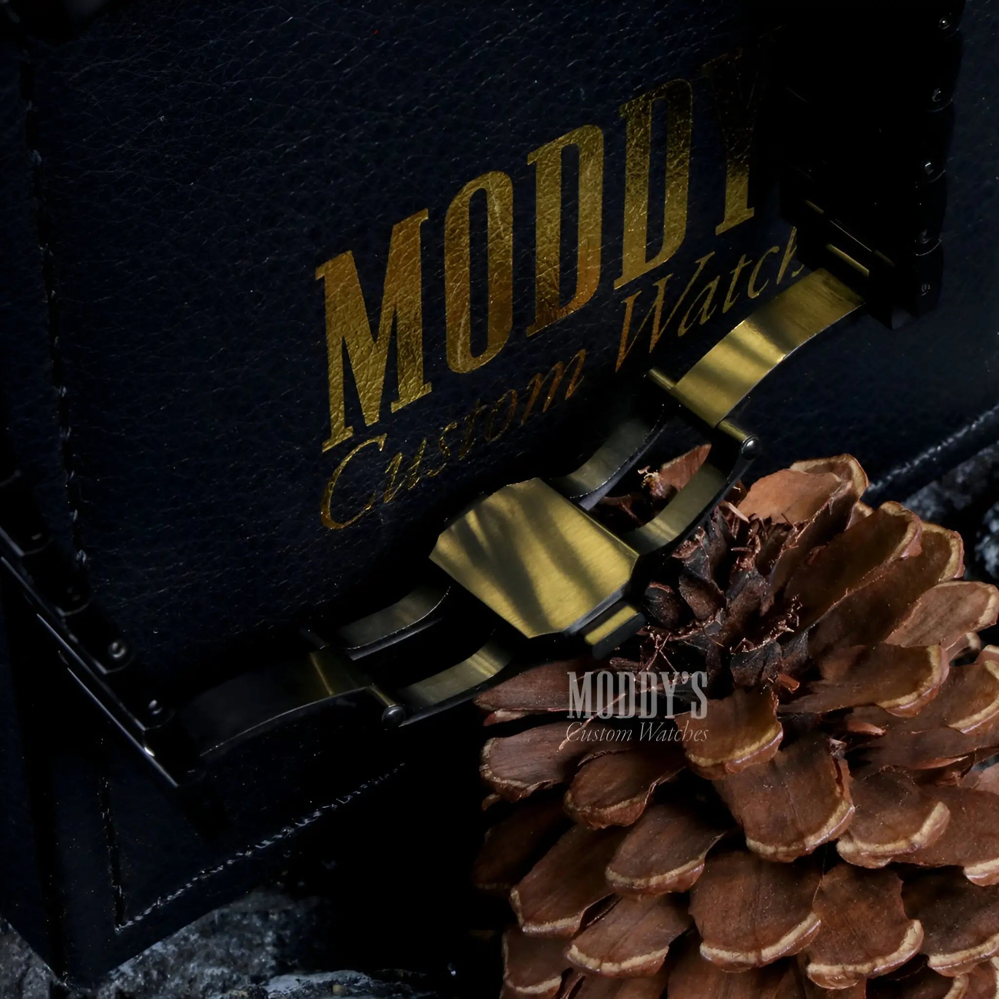 Santeiko Black Ghost Arabic moddy watch with gold lettering, pinecone accent, NH35 automatic movement