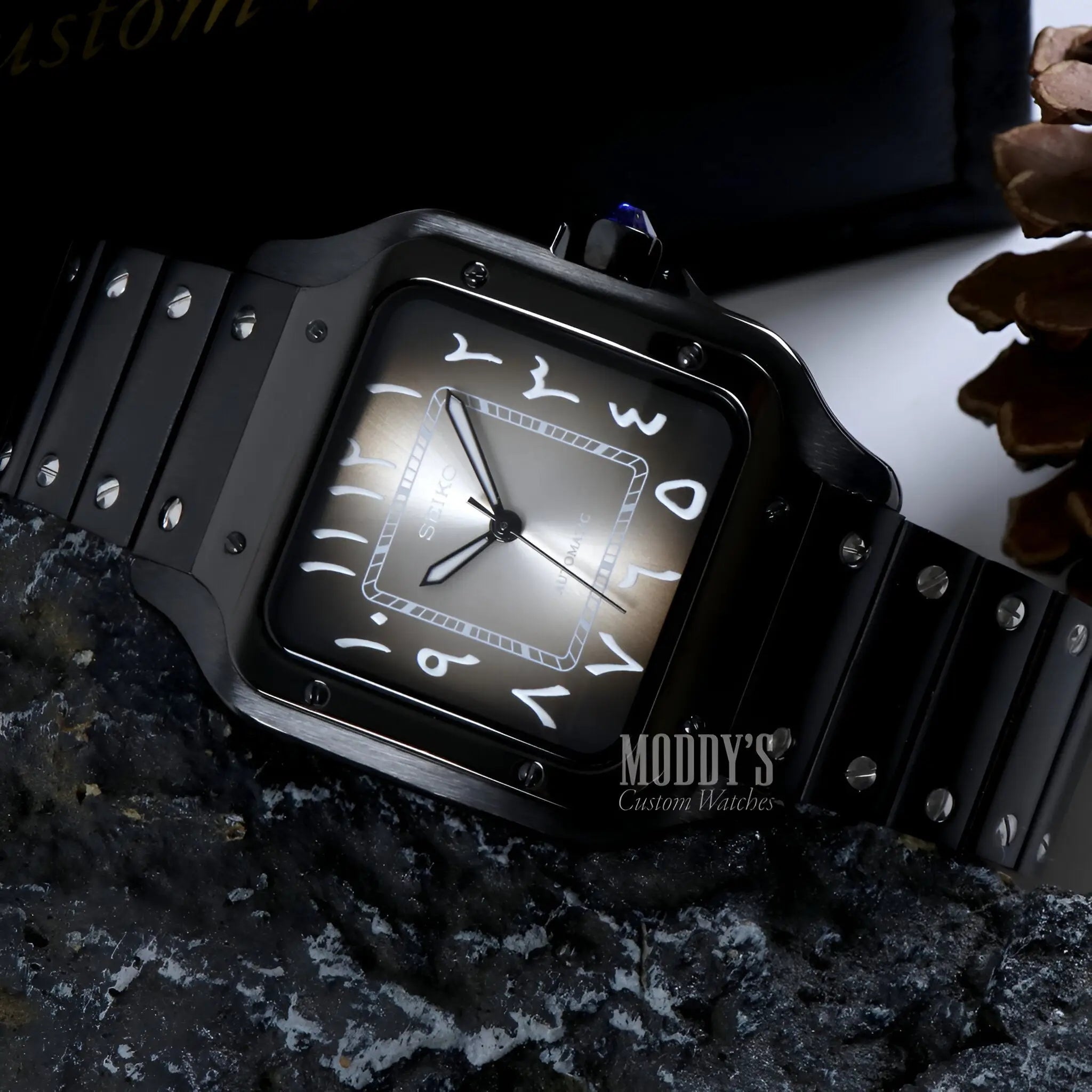 Santeiko Black Ghost Arabic Seiko mod watch with black dial and rubber strap