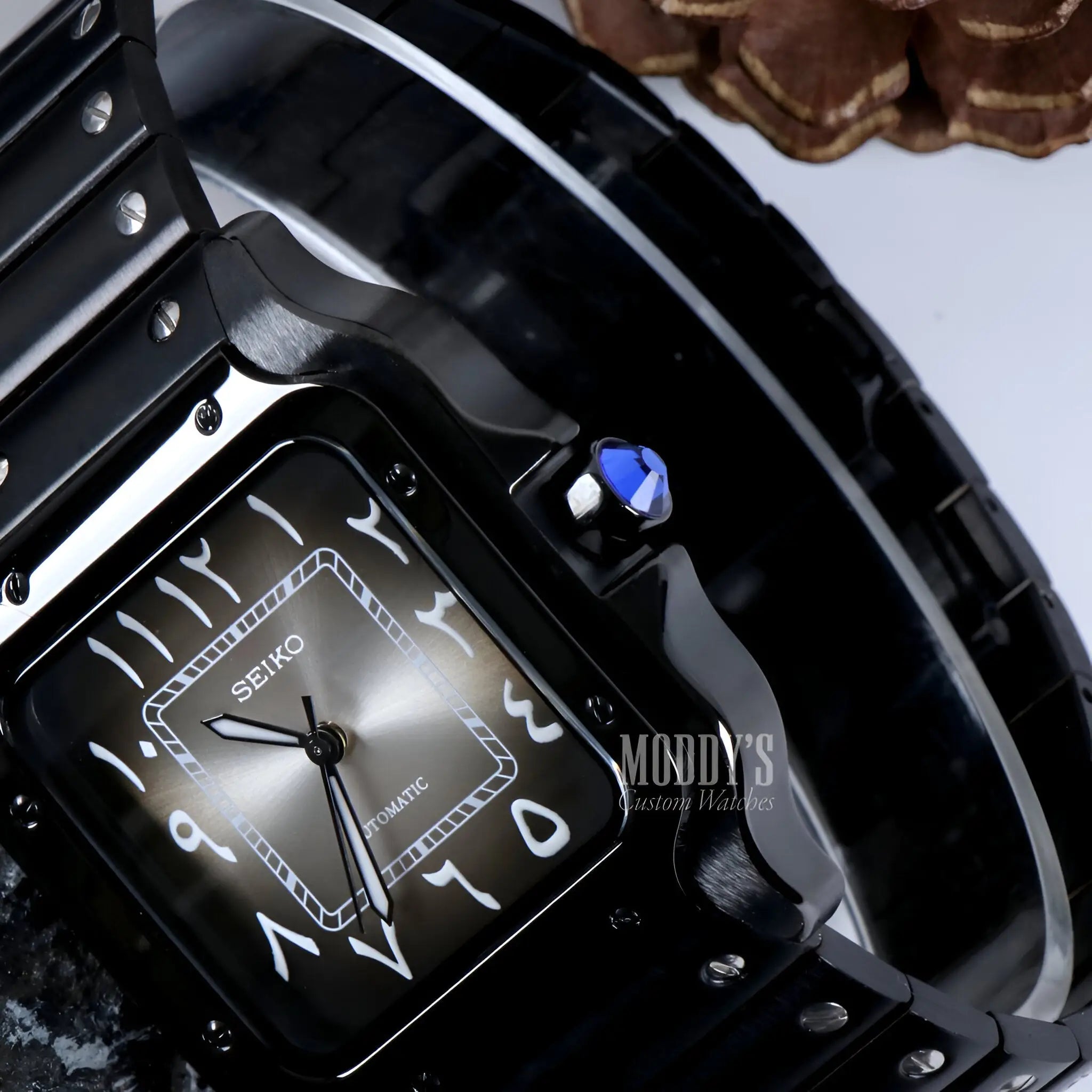 Black Seiko mod Santos watch with NH35 automatic movement